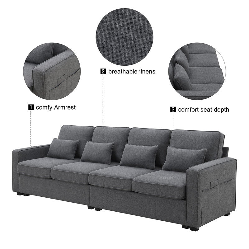 Canapé recouvert de tissu, 104, avec accoudoirs à poches et 4 coussins, canapé moderne en tissu lin, style minimaliste, 4 places.