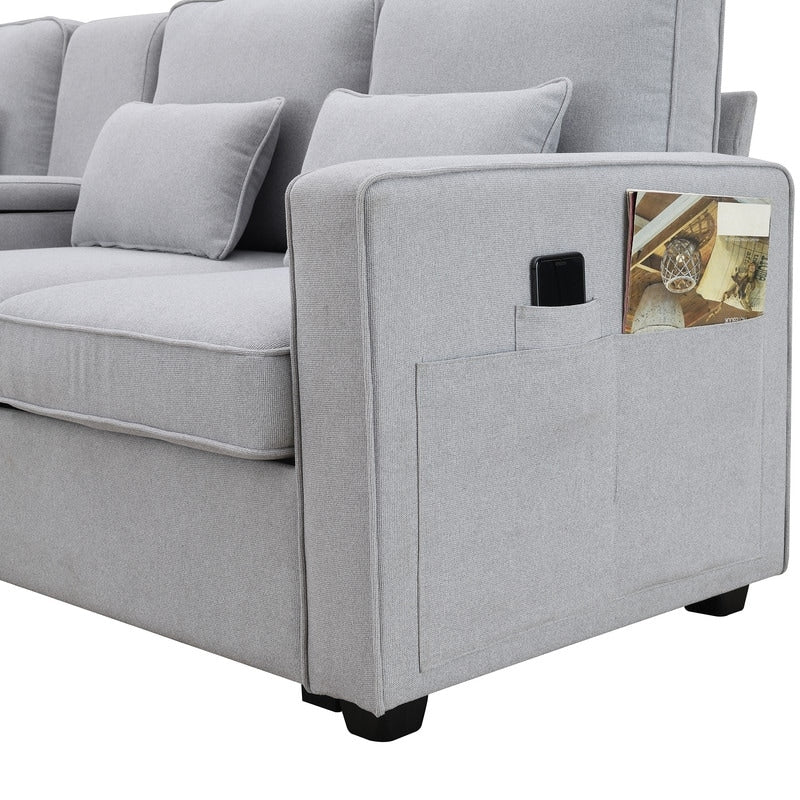 Canapé recouvert de tissu, 104, avec accoudoirs à poches et 4 coussins, canapé moderne en tissu lin, style minimaliste, 4 places.