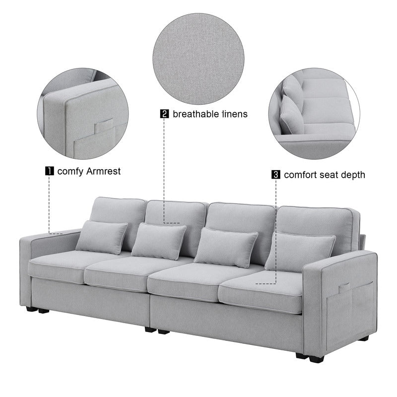Canapé recouvert de tissu, 104, avec accoudoirs à poches et 4 coussins, canapé moderne en tissu lin, style minimaliste, 4 places.