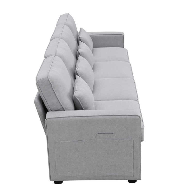 Canapé recouvert de tissu, 104, avec accoudoirs à poches et 4 coussins, canapé moderne en tissu lin, style minimaliste, 4 places.