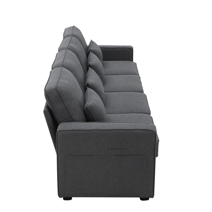 Canapé recouvert de tissu, 104, avec accoudoirs à poches et 4 coussins, canapé moderne en tissu lin, style minimaliste, 4 places.