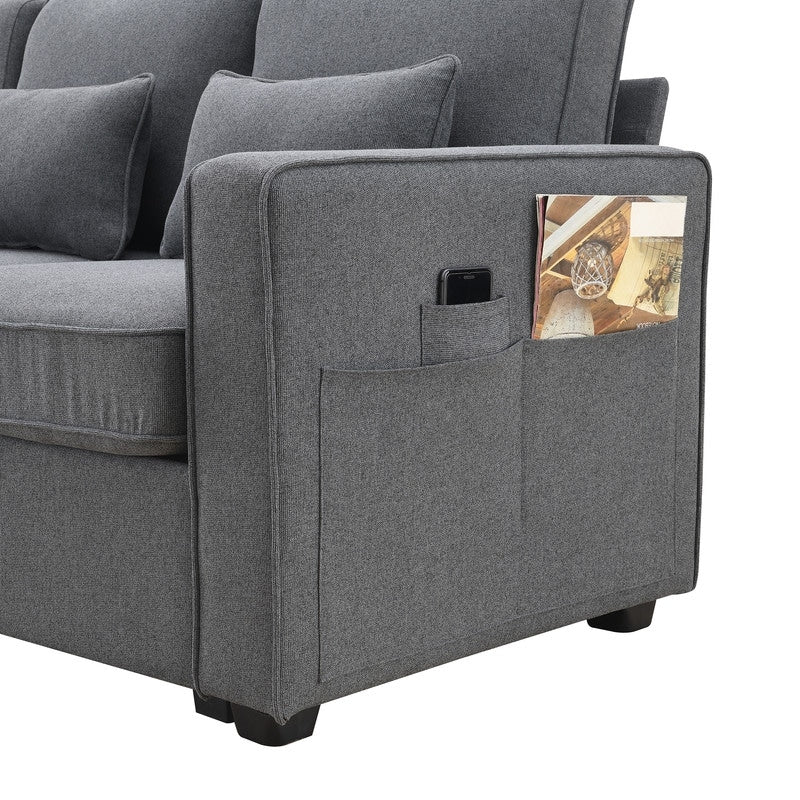 Canapé recouvert de tissu, 104, avec accoudoirs à poches et 4 coussins, canapé moderne en tissu lin, style minimaliste, 4 places.