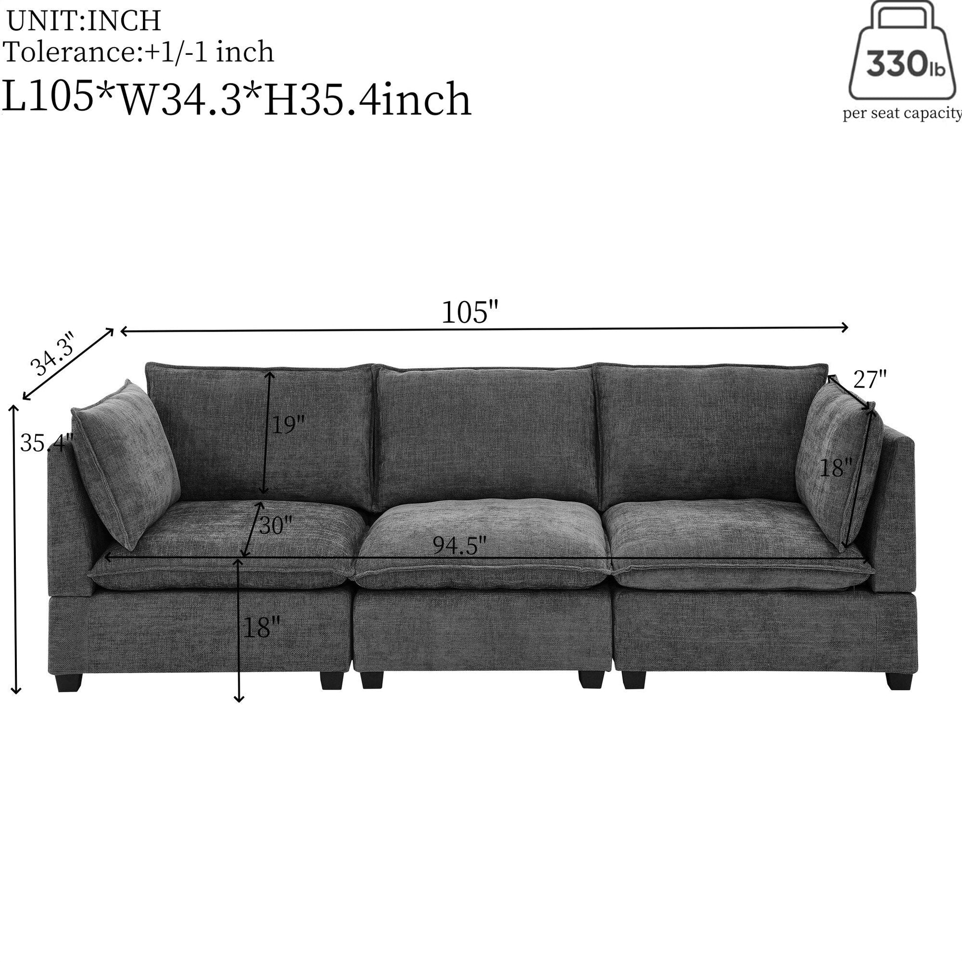 Canapé 3 places en chenille 105 avec coussins à 2 couches et mousse à haute résilience