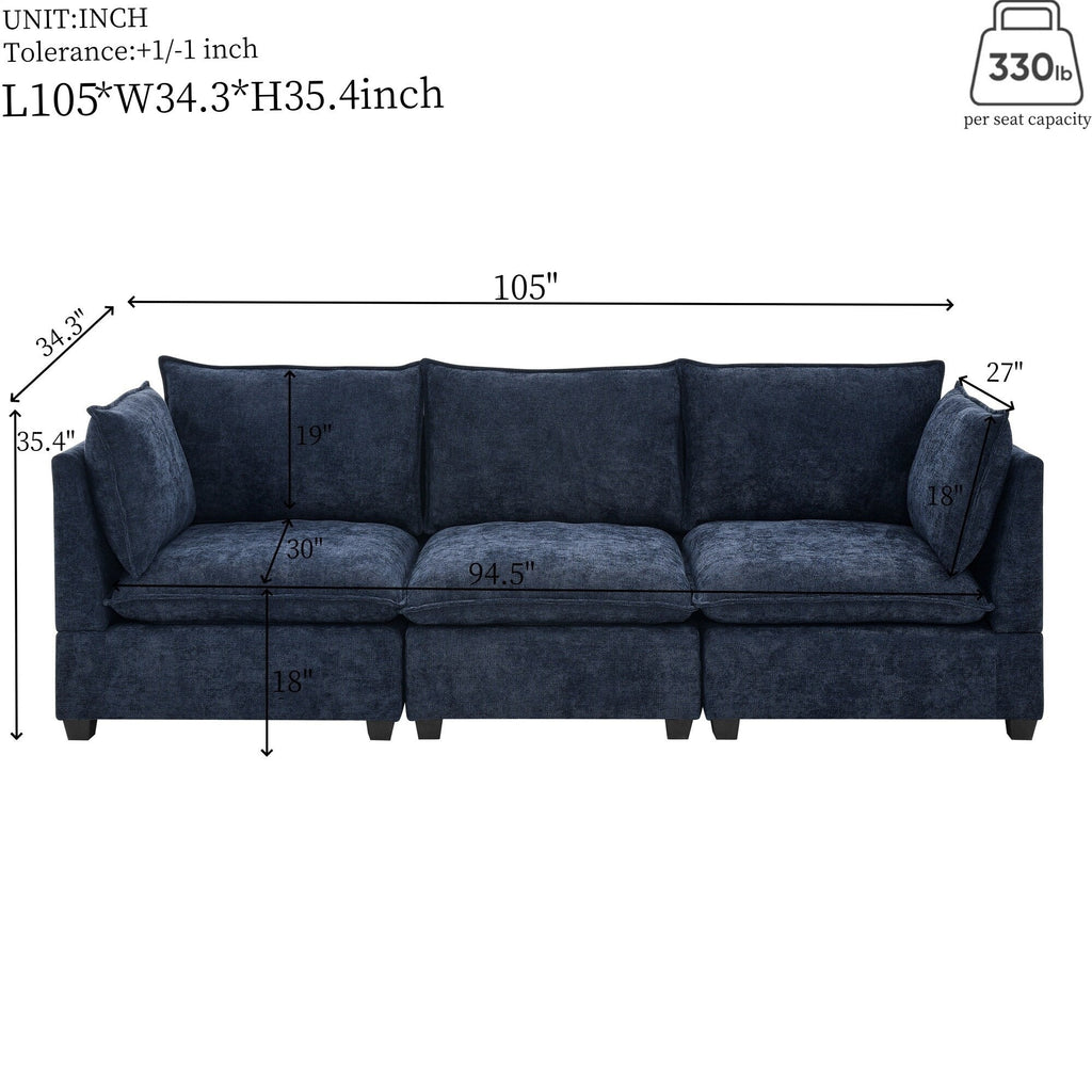 Canapé 3 places en chenille 105 avec coussins à 2 couches et mousse à haute résilience