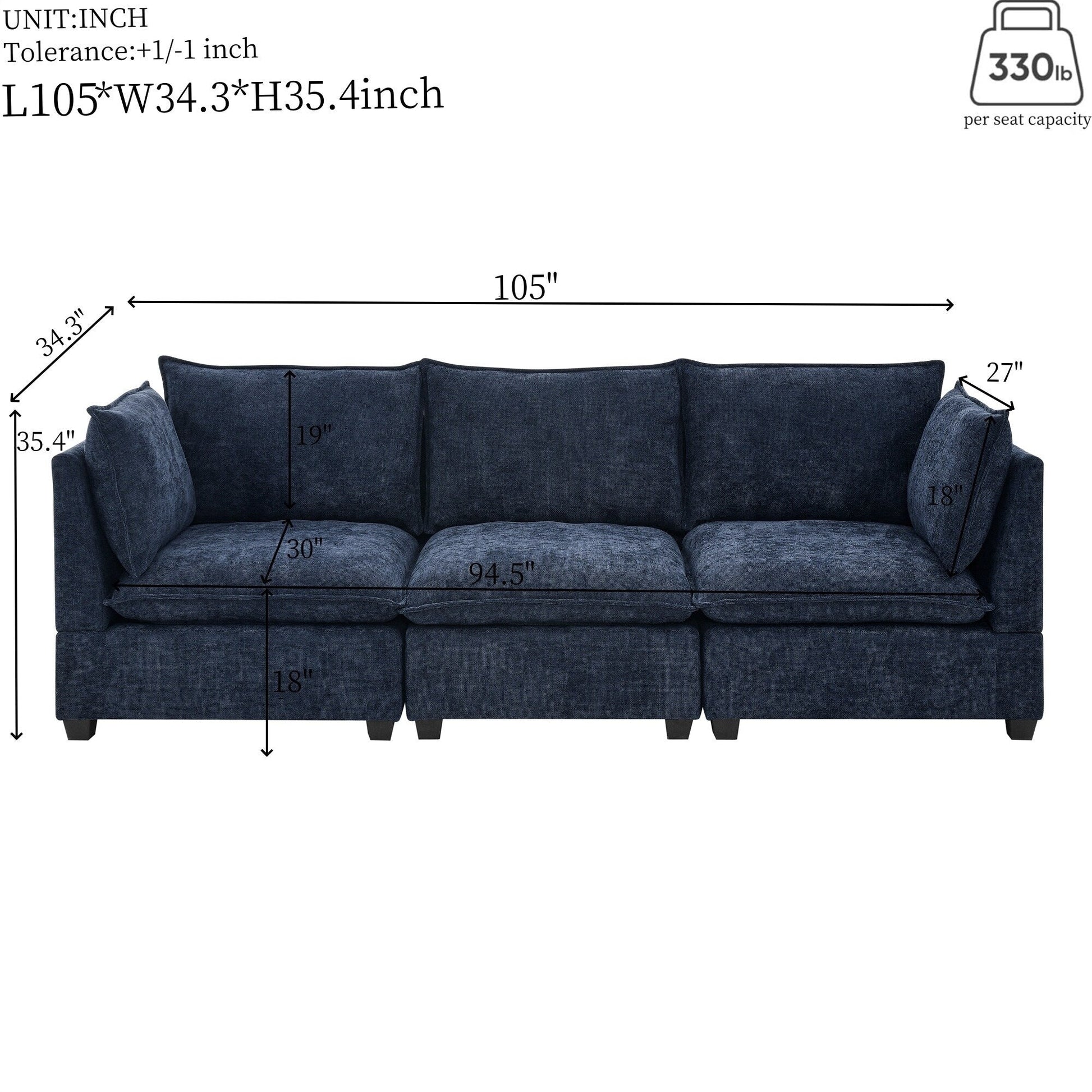 Canapé 3 places en chenille 105 avec coussins à 2 couches et mousse à haute résilience