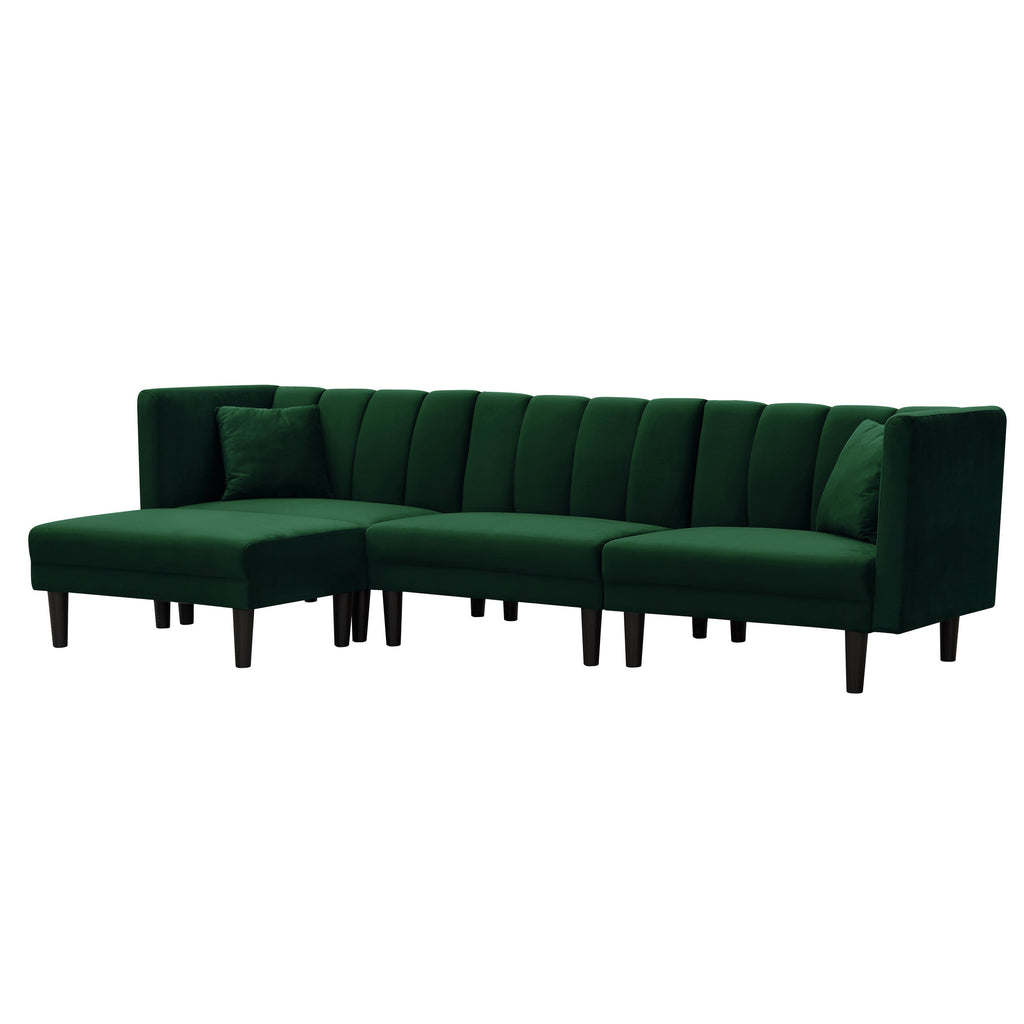 Canapé d'angle 3 places en velours de 271 cm avec fonction lit, méridienne réversible, dossier réglable et coussins.
