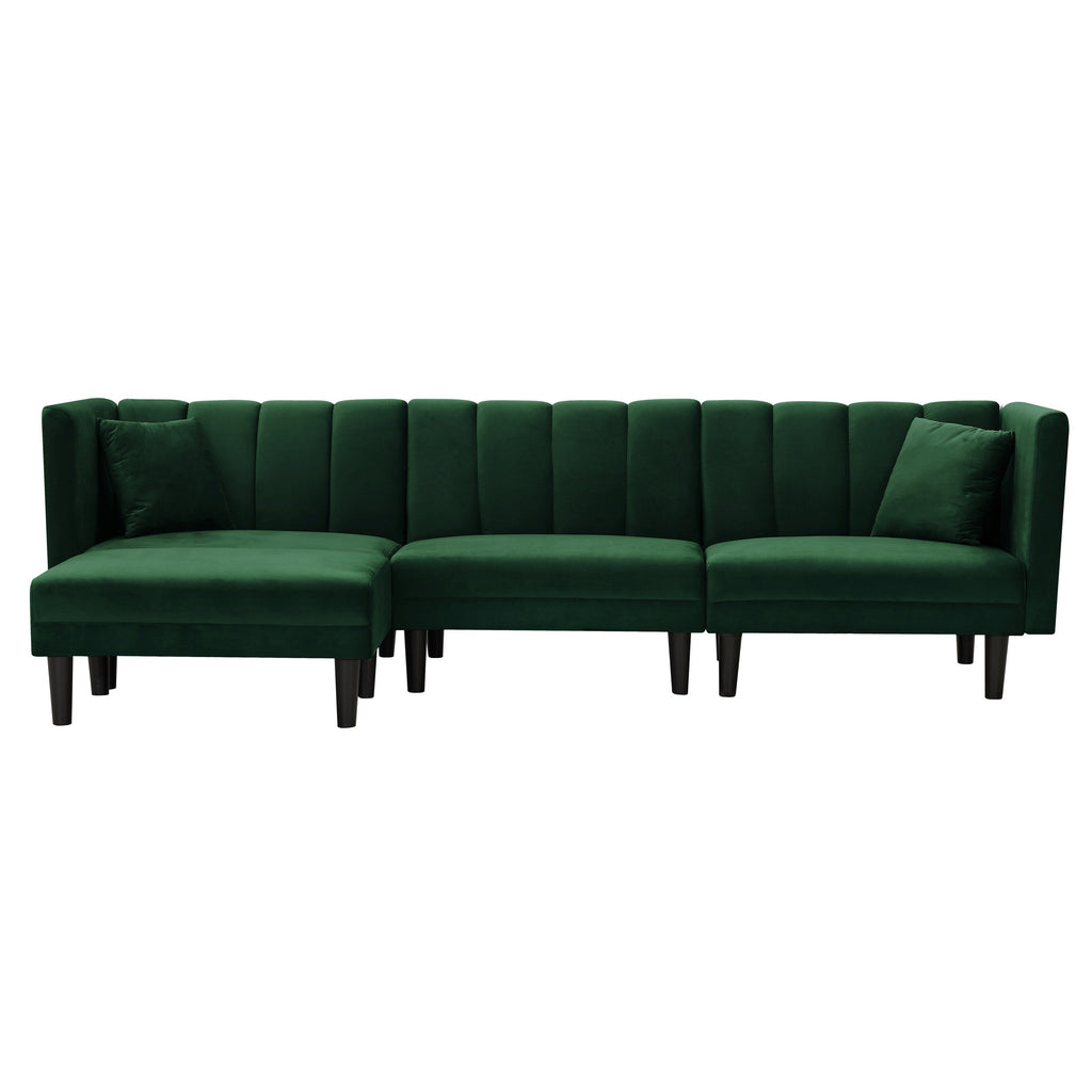 Canapé d'angle réversible en velours de 271 cm avec méridienne, dossier réglable et fonction lit escamotable, avec 2 coussins inclus.