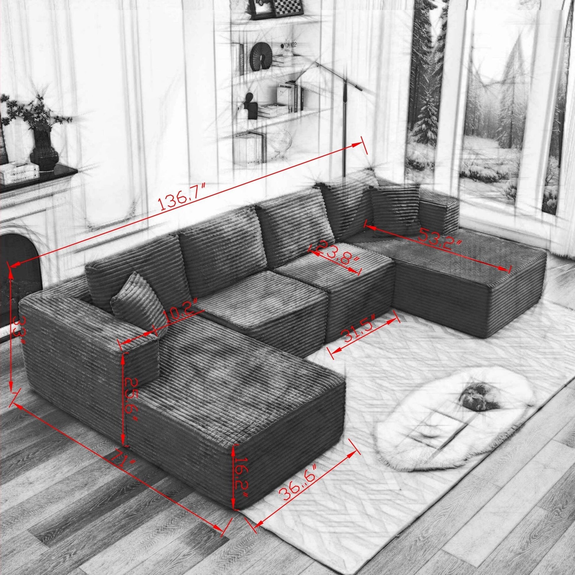 Canapé d'angle Cloud 106 avec deux chaises longues, canapé modulaire moderne à assise profonde pour salon, aucun assemblage requis.