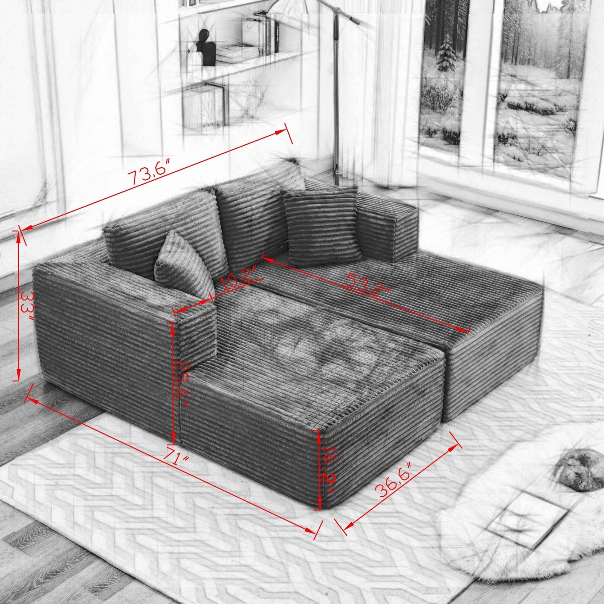 Canapé d'angle Cloud 106 avec deux chaises longues, canapé modulaire moderne à assise profonde pour salon, aucun assemblage requis.