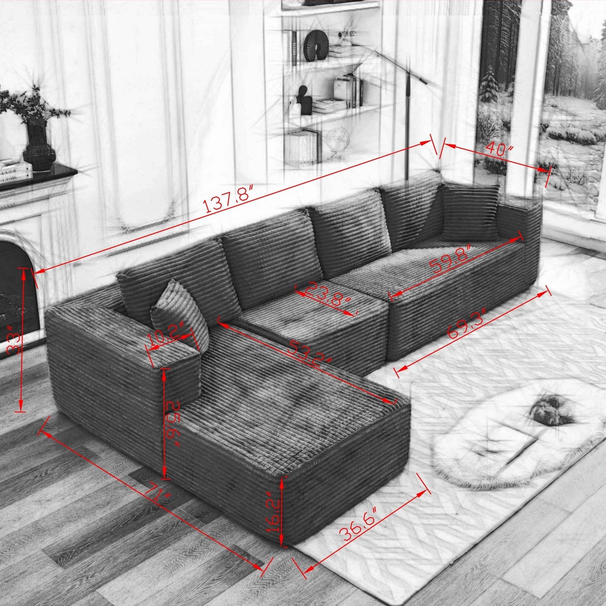 Canapé d'angle Cloud 106 en forme de L avec méridienne gauche, canapé modulaire profond et moderne pour salon, aucun assemblage requis.