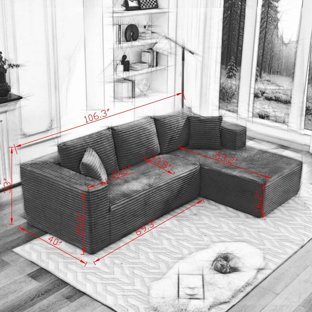 Canapé d'angle Cloud 106 en forme de L avec méridienne droite, canapé modulaire moderne à assise profonde pour salon, aucun assemblage requis.