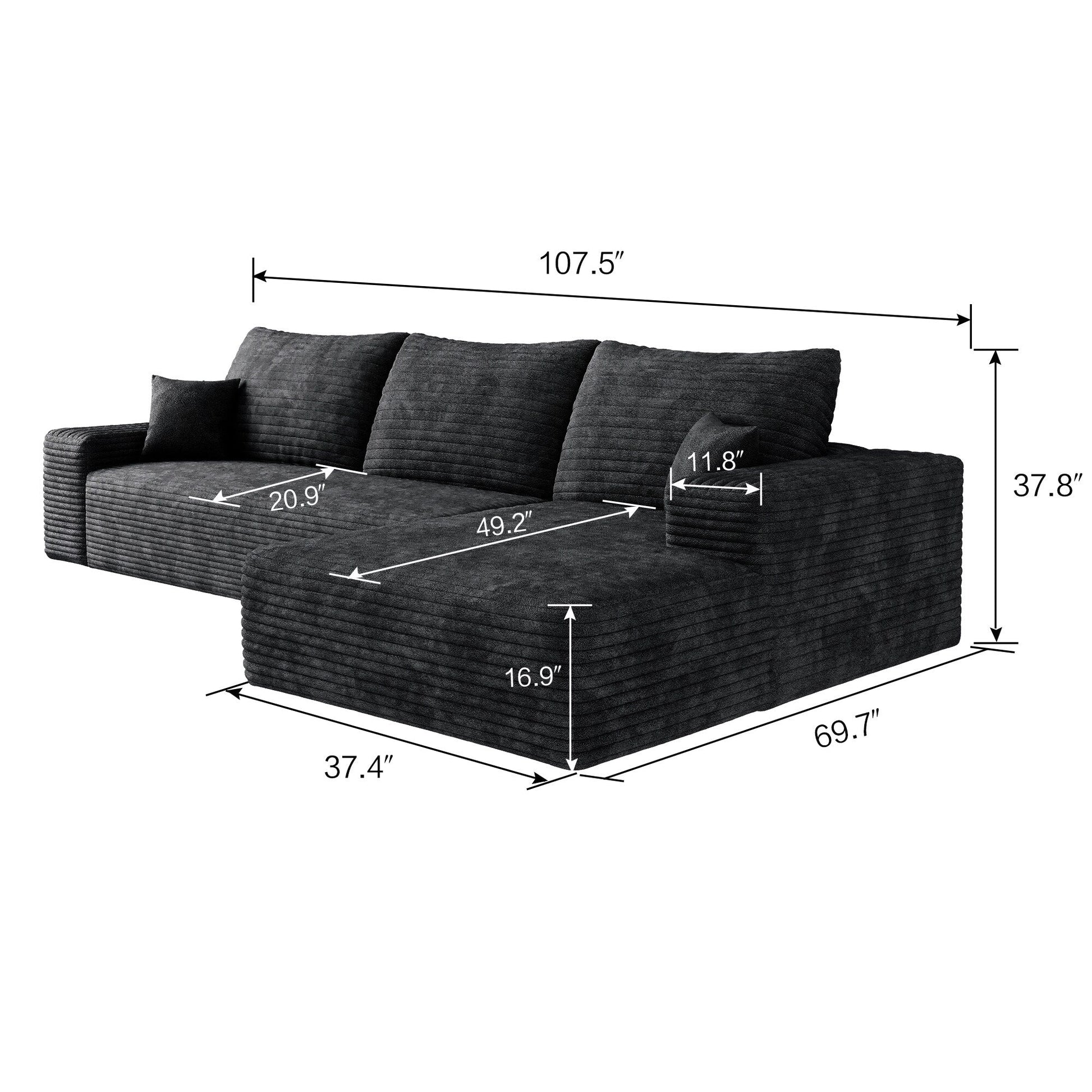 107-Inch Modular Corduroy Sectional Sofa with Chaise and Deep Seating for Living Room Bedroom