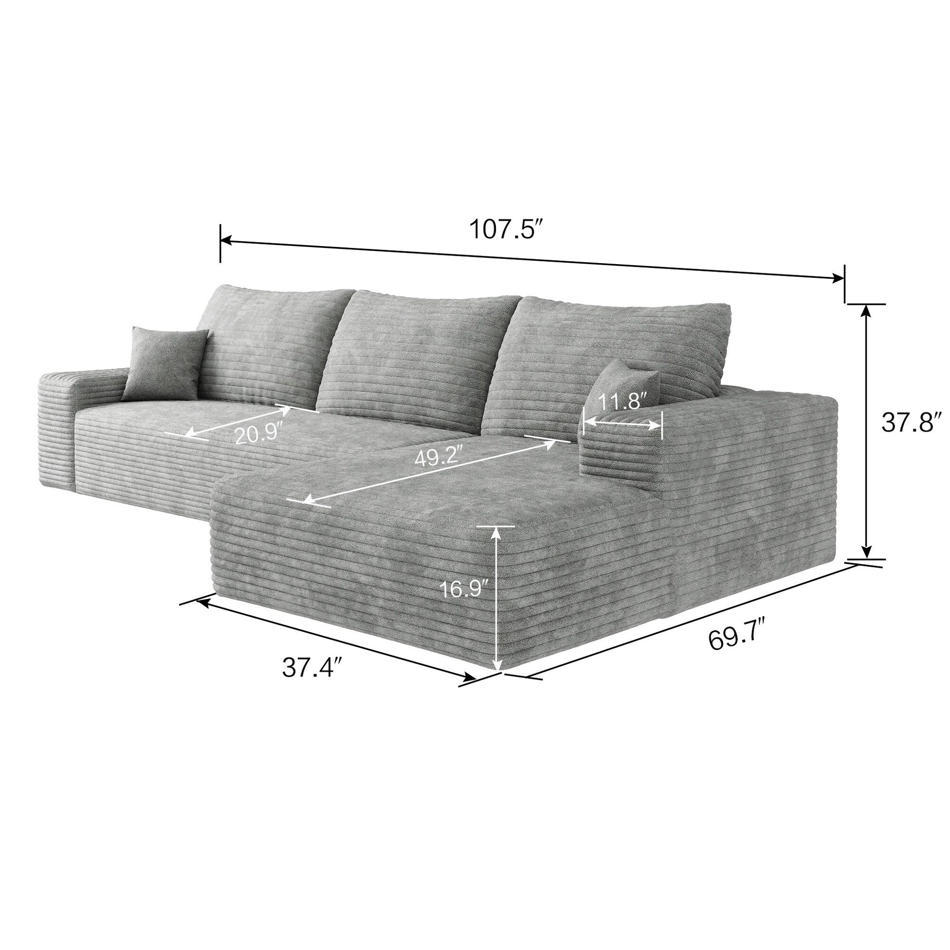 107-Inch Modular Corduroy Sectional Sofa with Chaise and Deep Seating for Living Room Bedroom