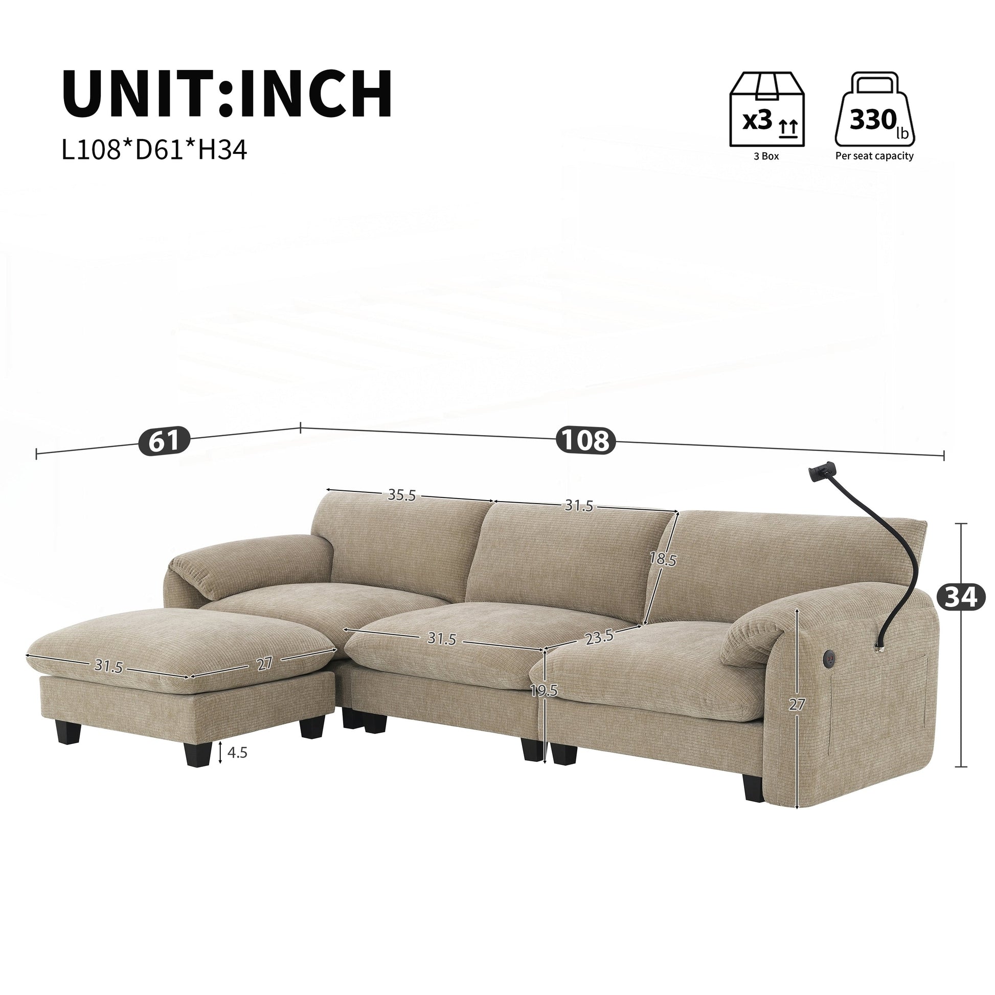 Canapé d'angle modulable de 108 pouces