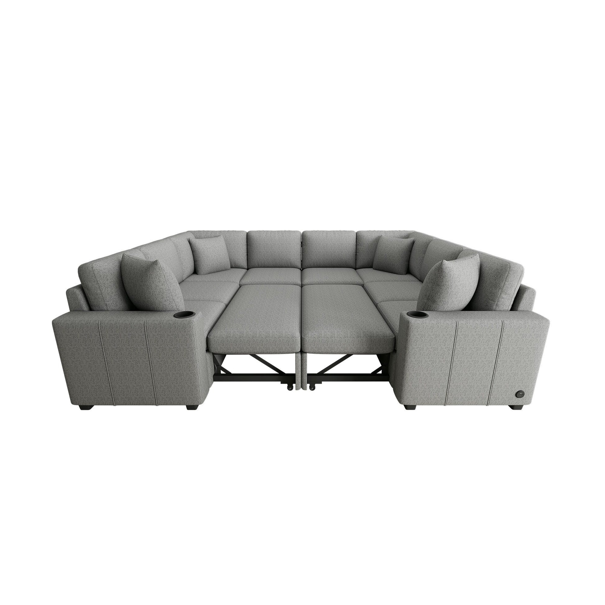 Canapé d'angle modulable en U de 274 cm avec lit escamotable, ports USB et porte-gobelets doubles pour le salon.