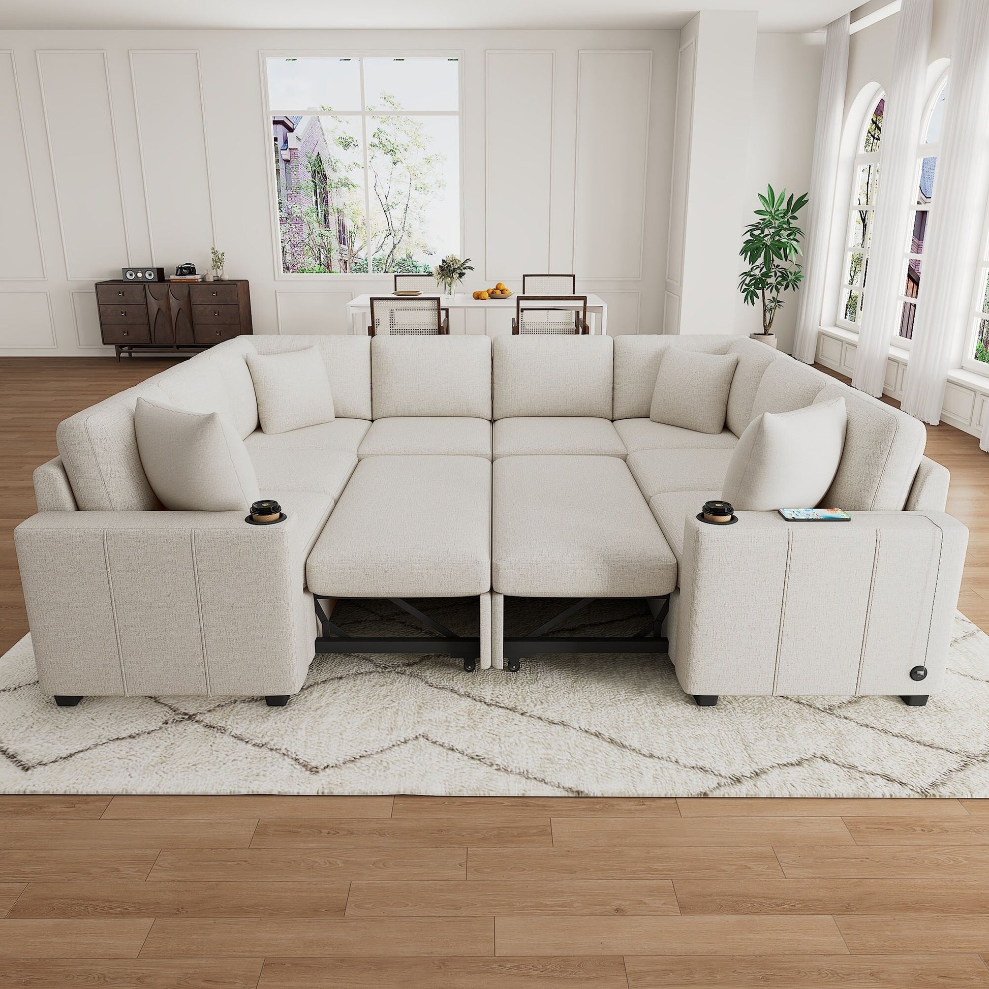 Canapé d'angle modulable en U de 274 cm avec lit escamotable, ports USB et porte-gobelets doubles pour le salon.