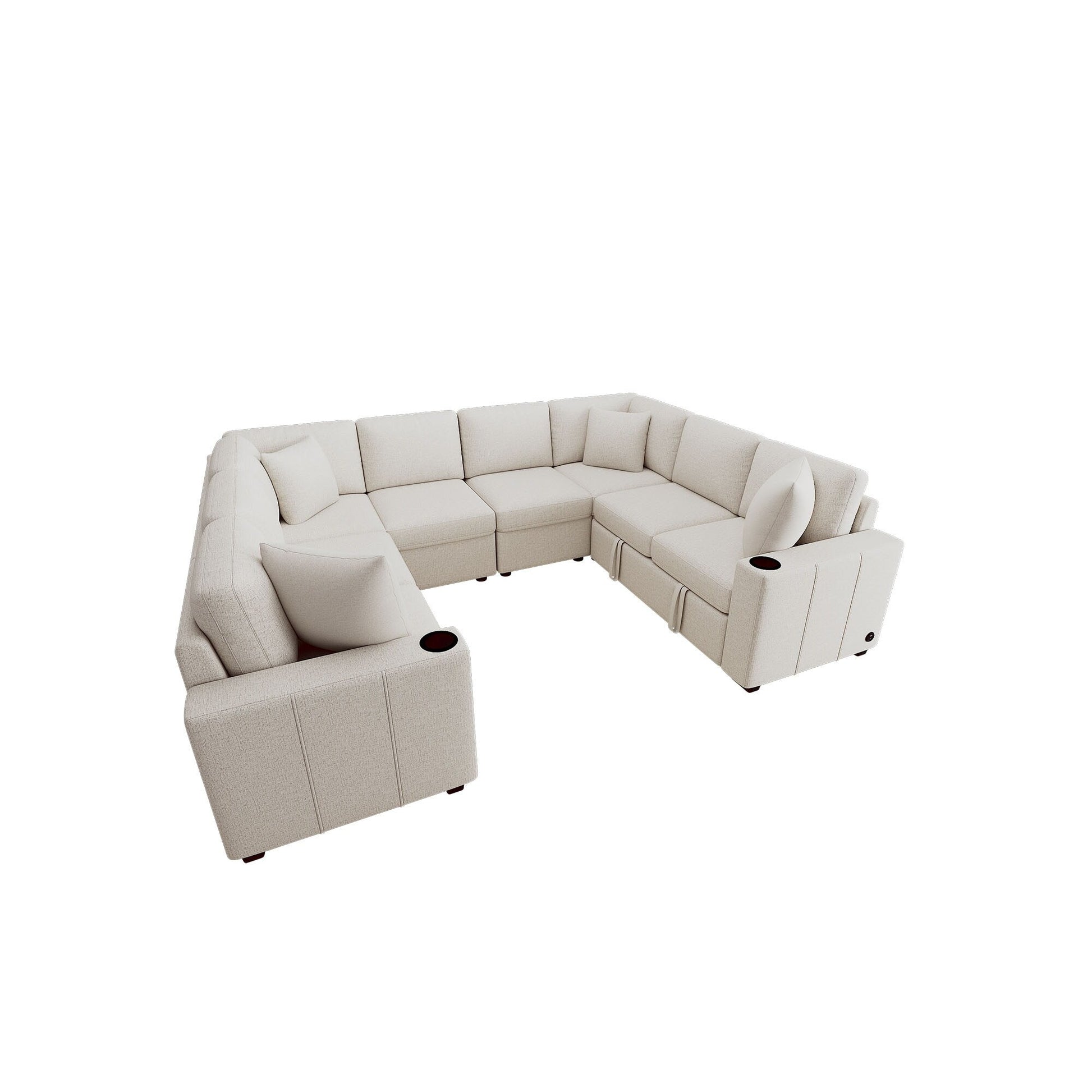 Canapé d'angle modulable en U de 274 cm avec lit escamotable, ports USB et porte-gobelets doubles pour le salon.