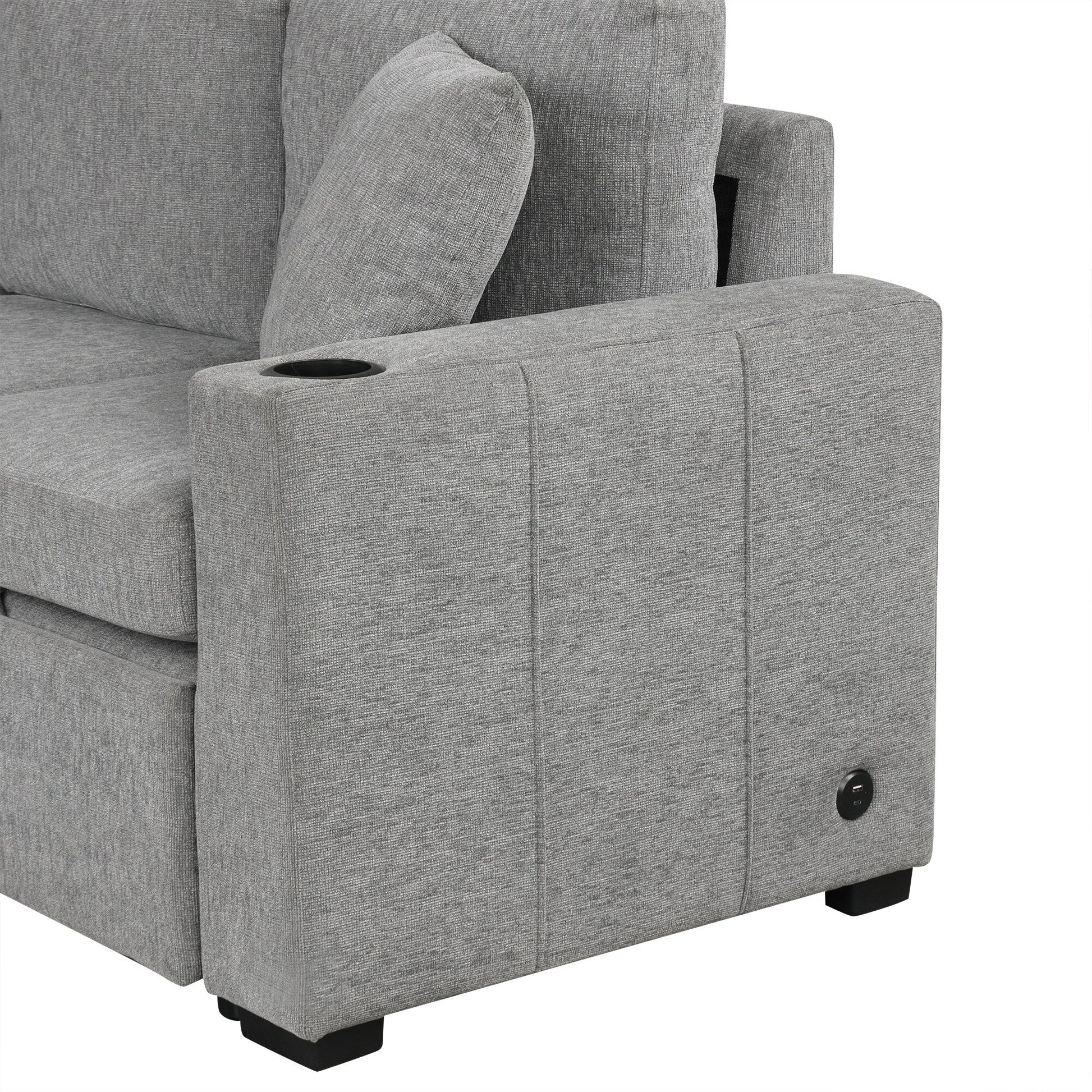 Canapé d'angle modulable en U de 274 cm avec lit escamotable, ports USB et porte-gobelets doubles pour le salon.