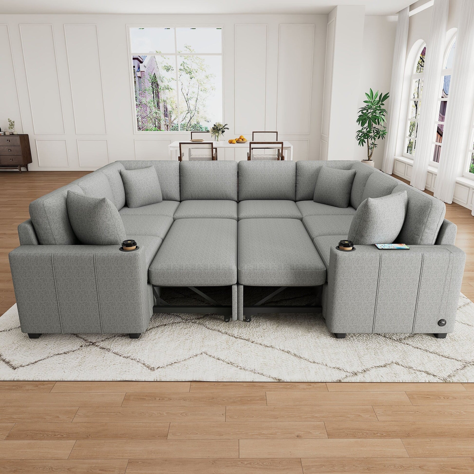 Canapé d'angle modulable en U de 274 cm avec lit escamotable, ports USB et porte-gobelets doubles pour le salon.
