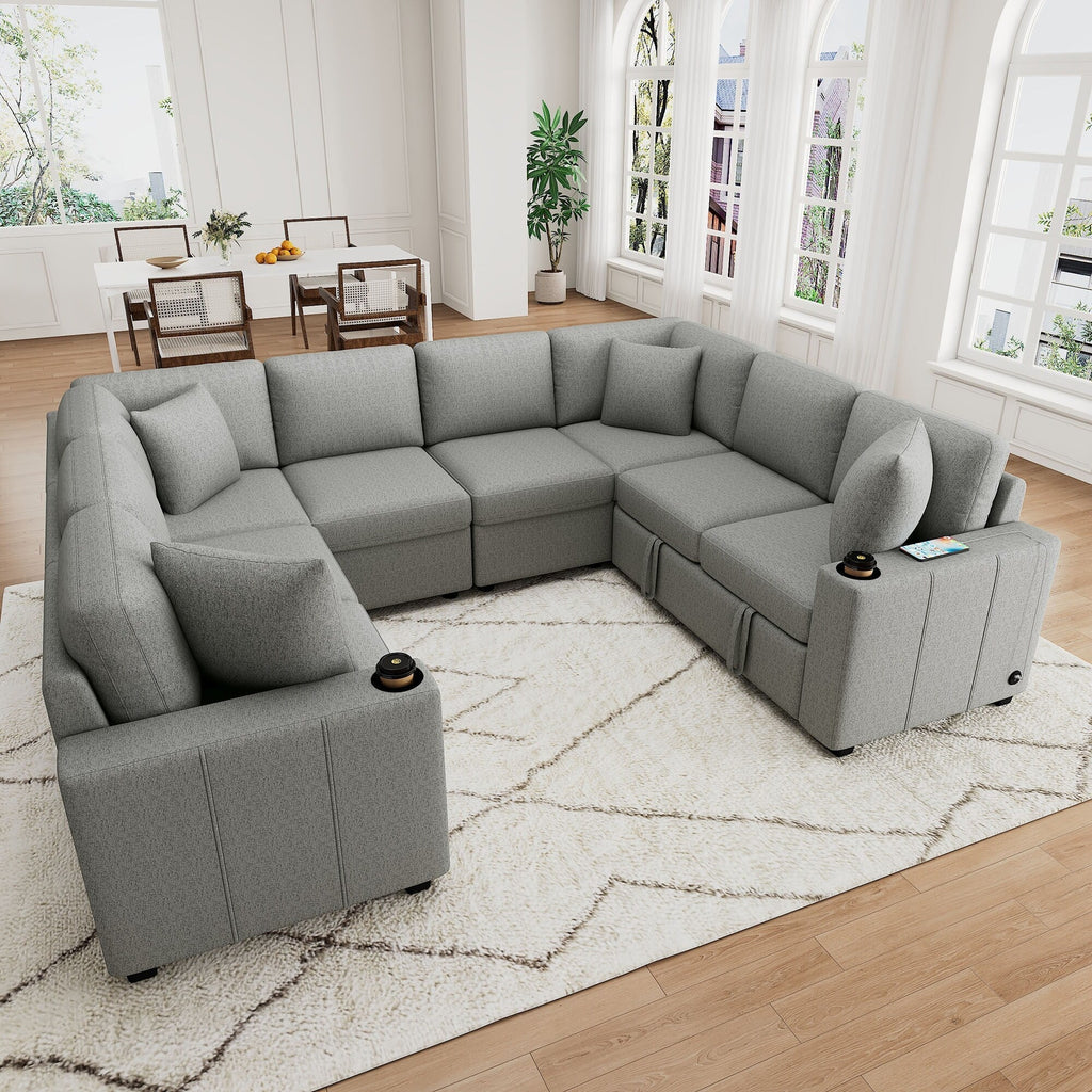 Canapé d'angle modulable en U de 274 cm avec lit escamotable, ports USB et porte-gobelets doubles pour le salon.