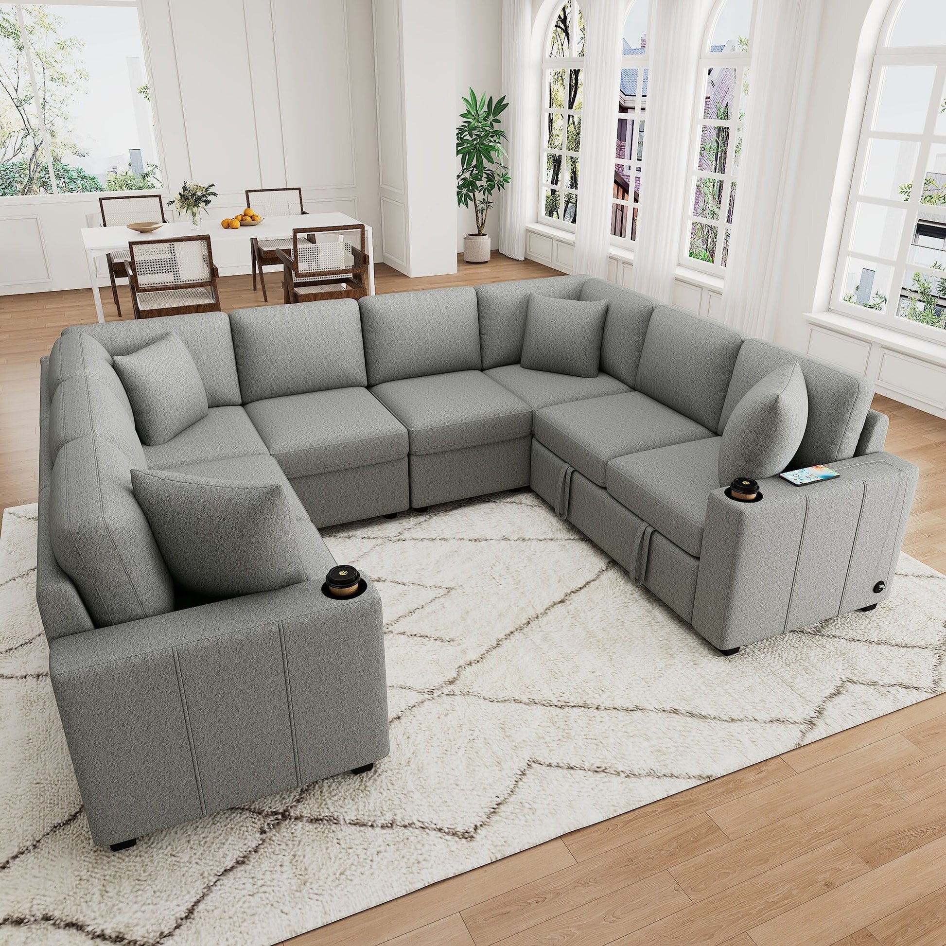 Canapé d'angle modulable en U de 274 cm avec lit escamotable, ports USB et porte-gobelets doubles pour le salon.