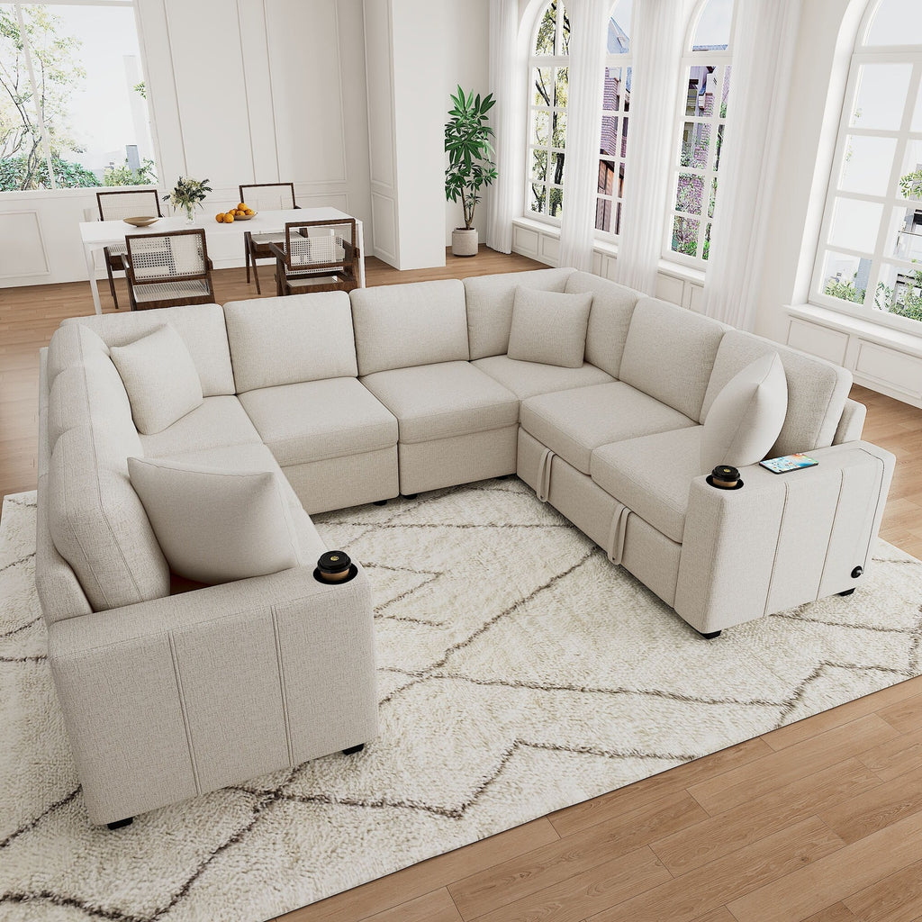Canapé d'angle modulable en U de 274 cm avec lit escamotable, ports USB et porte-gobelets doubles pour le salon.