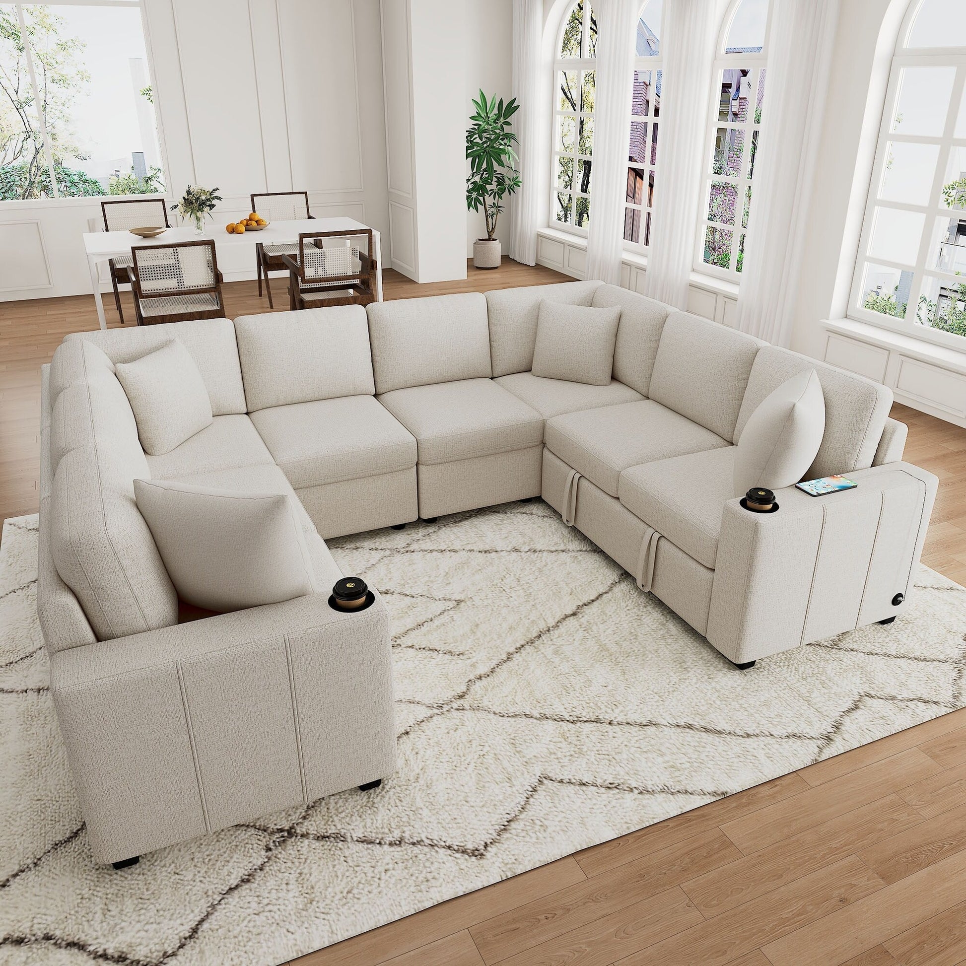 Canapé d'angle modulable en U de 274 cm avec lit escamotable, ports USB et porte-gobelets doubles pour le salon.