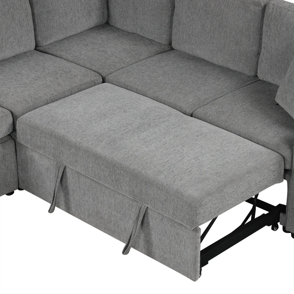 Canapé d'angle modulable en U de 274 cm avec lit escamotable, ports USB et porte-gobelets doubles pour le salon.