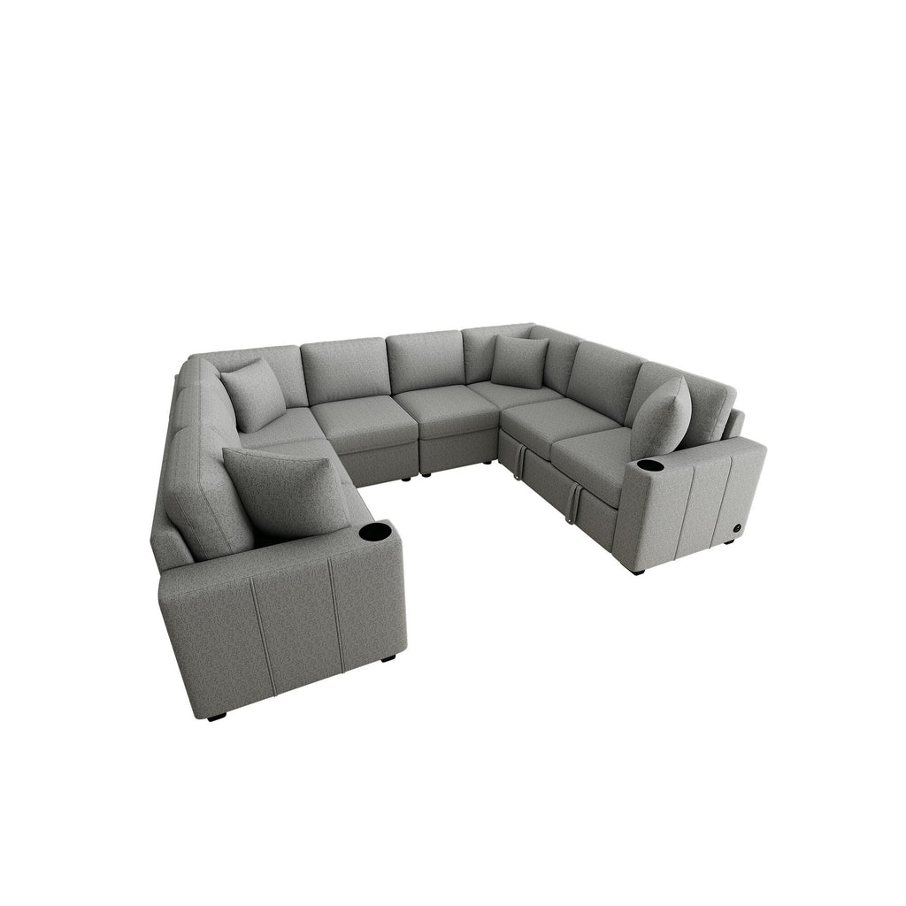 Canapé d'angle modulable en U de 274 cm avec lit escamotable, ports USB et porte-gobelets doubles pour le salon.