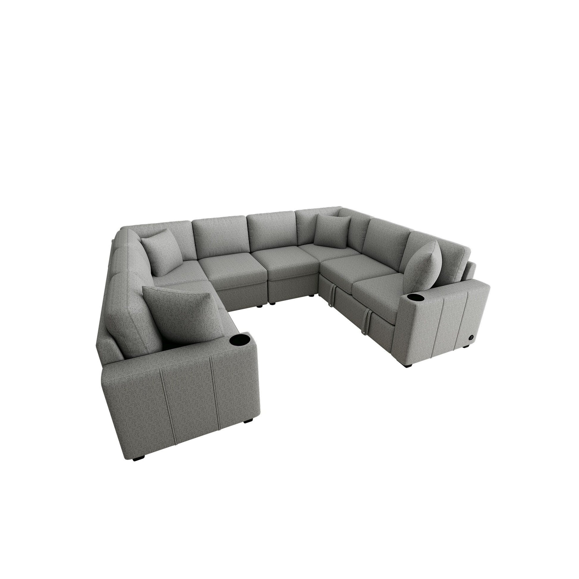 Canapé d'angle modulable en U de 274 cm avec lit escamotable, ports USB et porte-gobelets doubles pour le salon.