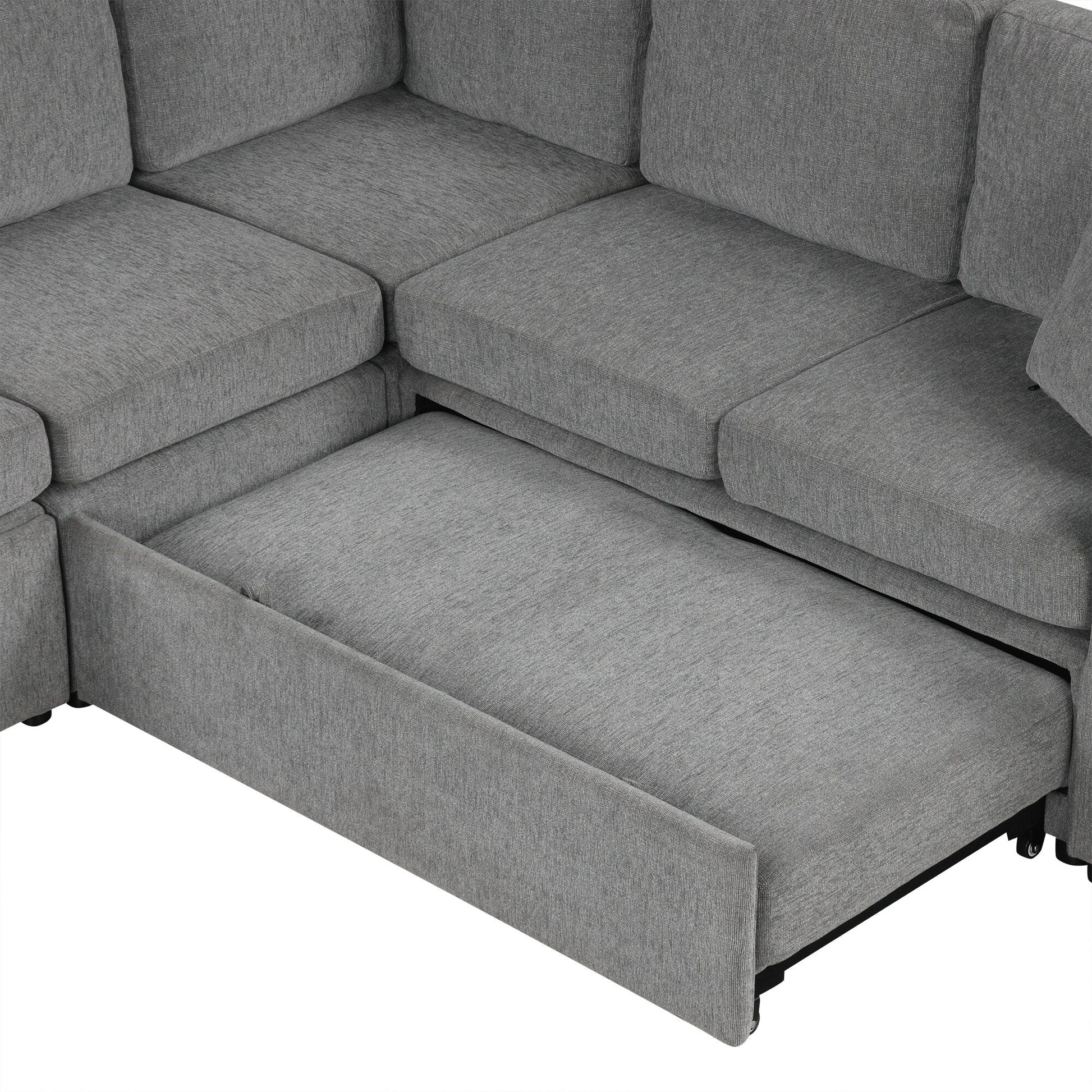Canapé d'angle modulable en U de 274 cm avec lit escamotable, ports USB et porte-gobelets doubles pour le salon.
