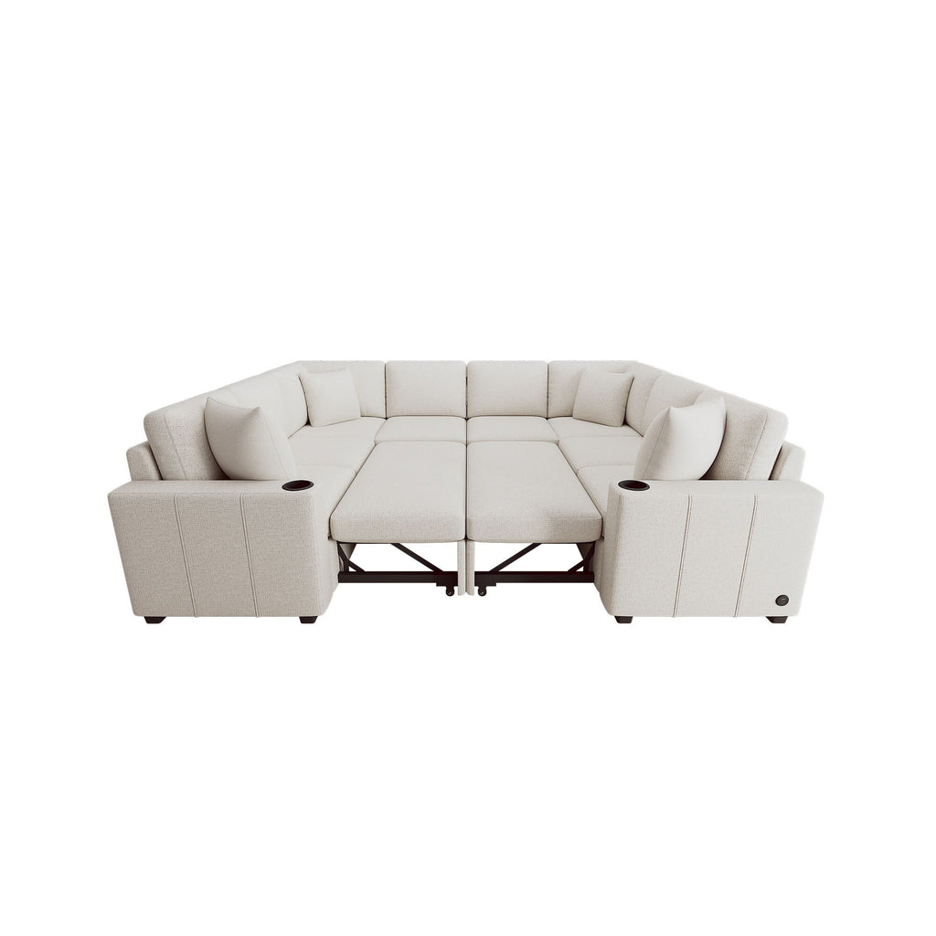Canapé d'angle modulable en U de 274 cm avec lit escamotable, ports USB et porte-gobelets doubles pour le salon.