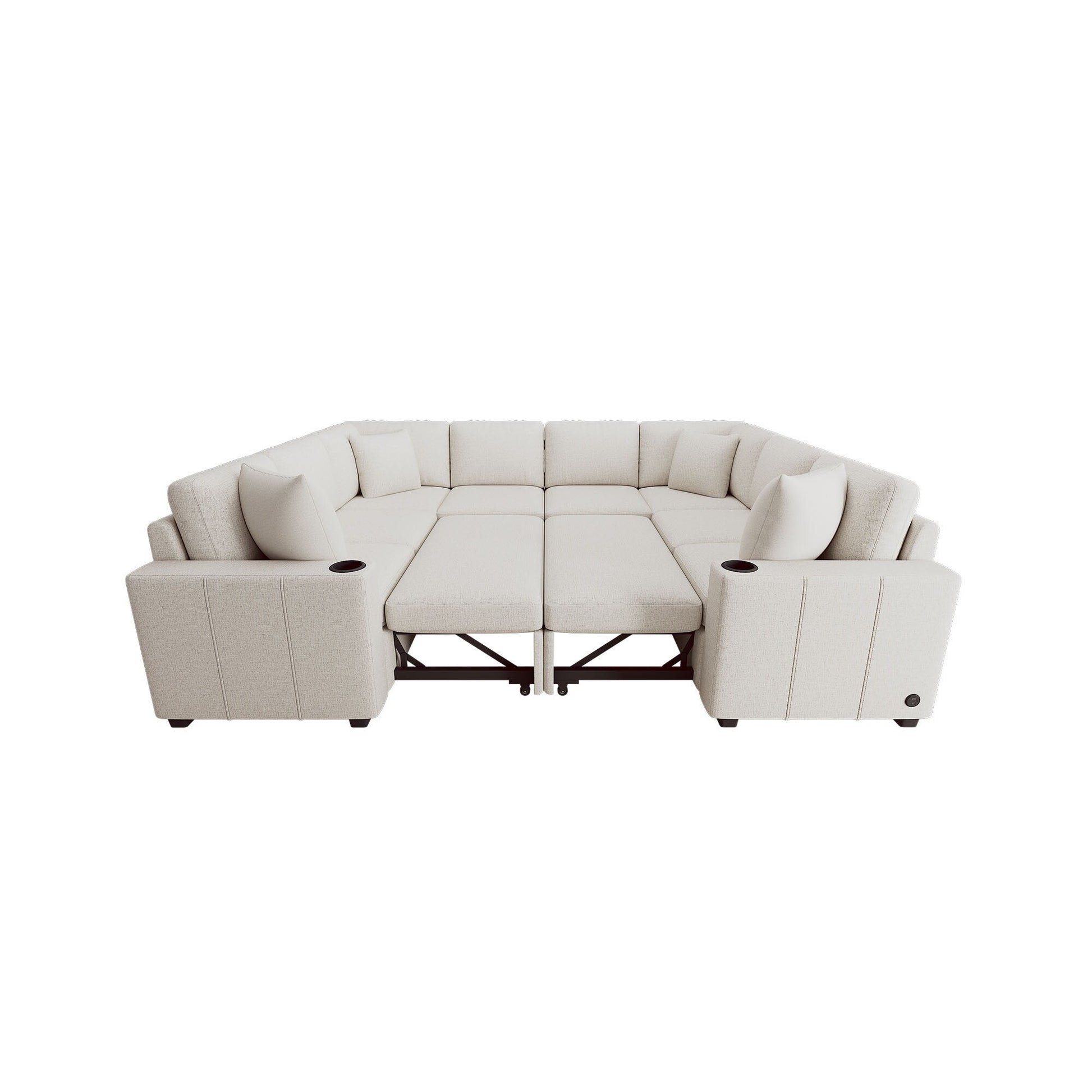 Canapé d'angle modulable en U de 274 cm avec lit escamotable, ports USB et porte-gobelets doubles pour le salon.