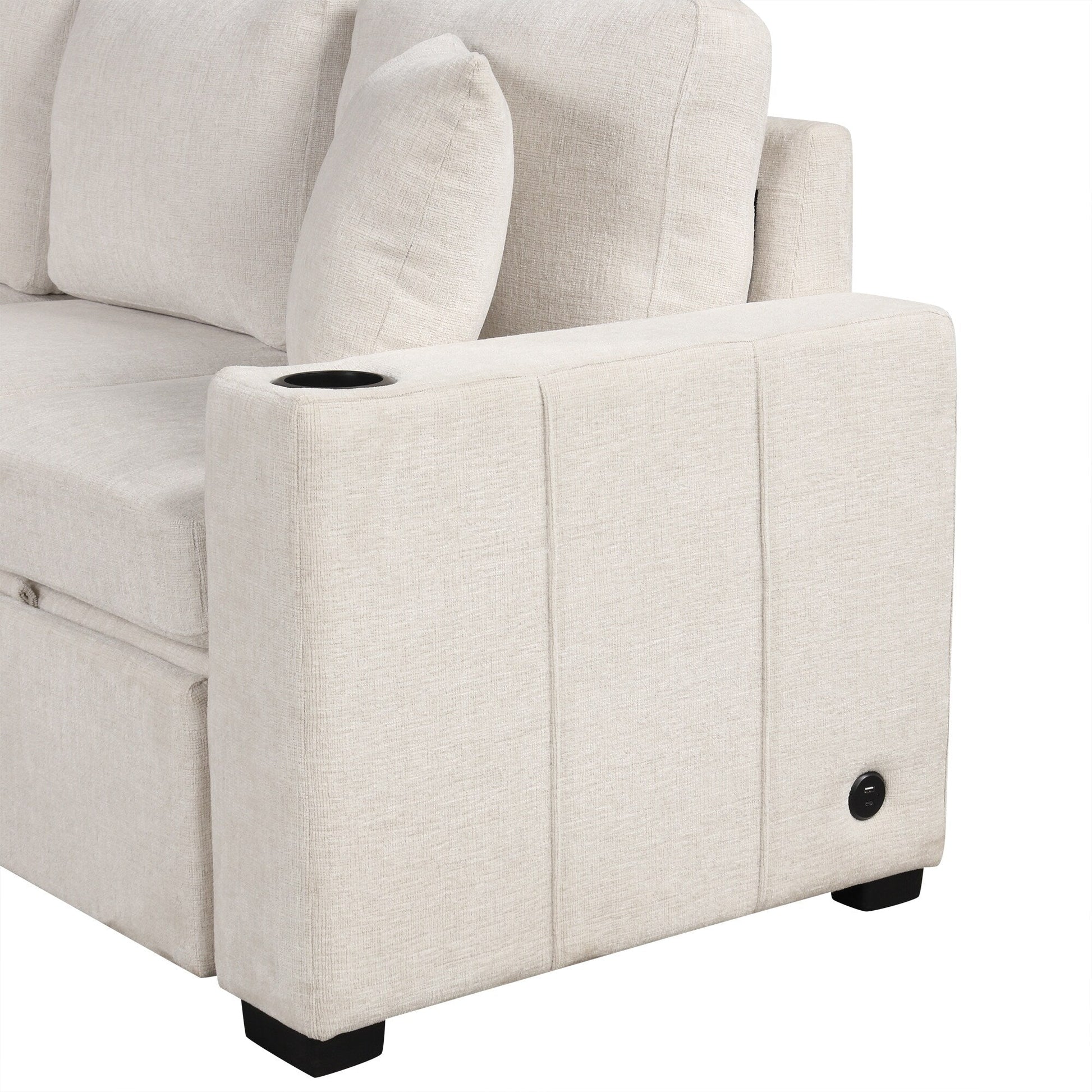Canapé d'angle modulable en U de 274 cm avec lit escamotable, ports USB et porte-gobelets doubles pour le salon.