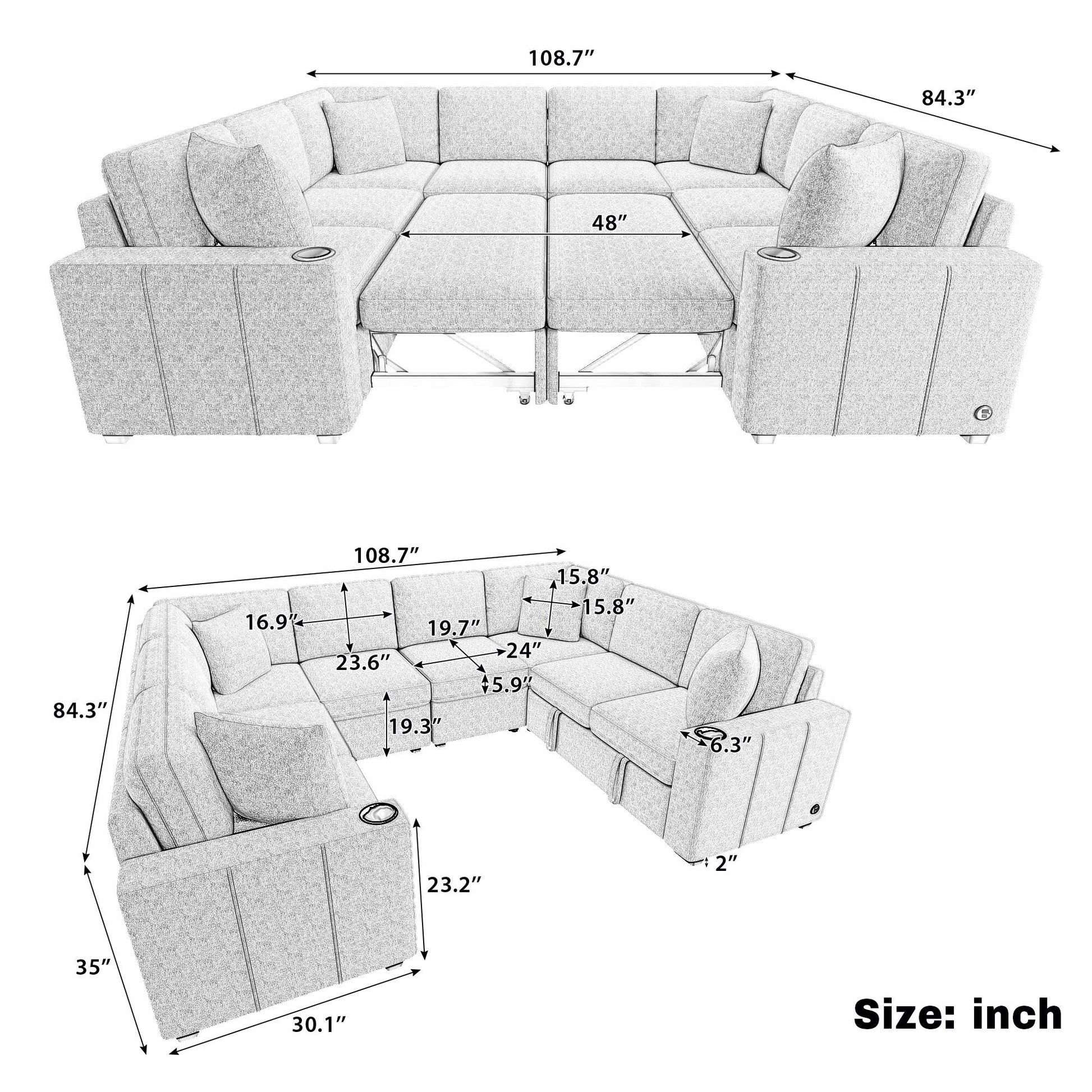 Canapé d'angle modulable en U de 274 cm avec lit escamotable, ports USB et porte-gobelets doubles pour le salon.