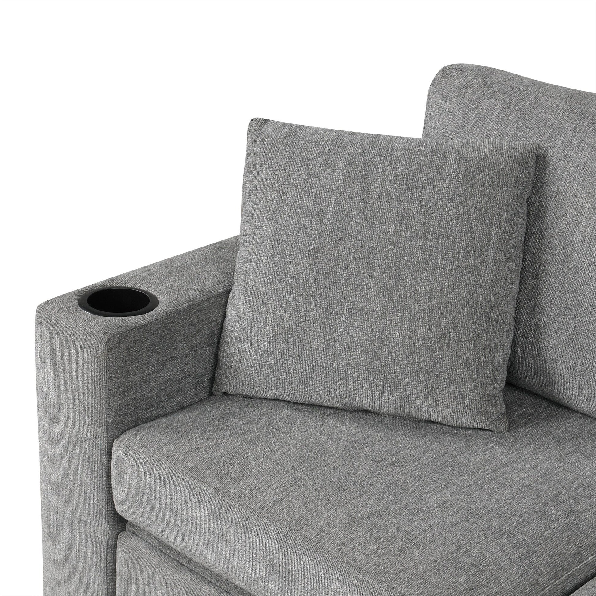 Canapé d'angle modulable en U de 274 cm avec lit escamotable, ports USB et porte-gobelets doubles pour le salon.