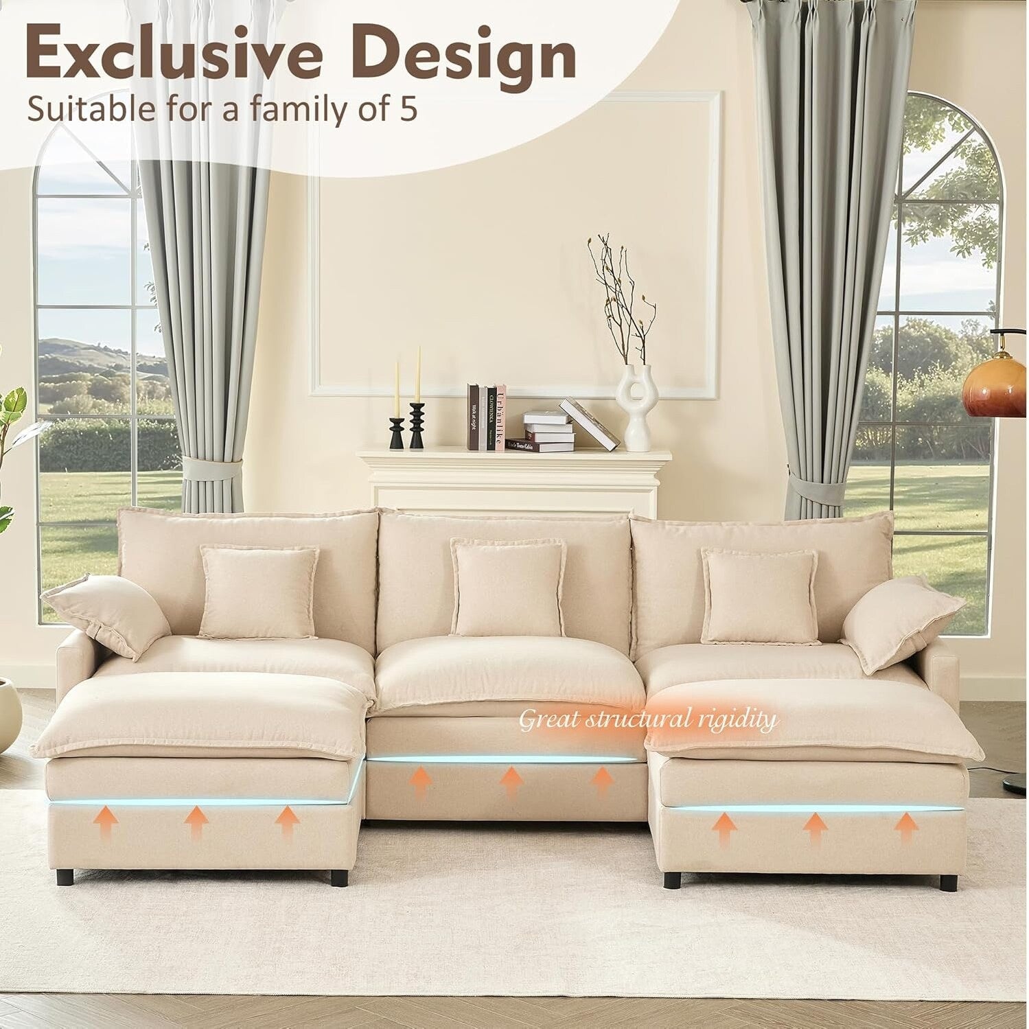 Canapé d'angle modulable en forme de L 108 - Canapé-lit 3 places Cloud avec pouf mobile et assise profonde, tissu lin beige