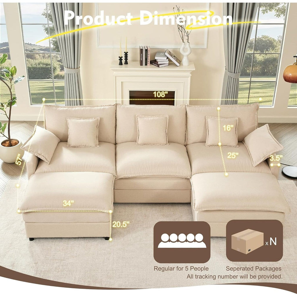 Canapé d'angle modulable en forme de L 108 - Canapé-lit 3 places Cloud avec pouf mobile et assise profonde, tissu lin beige