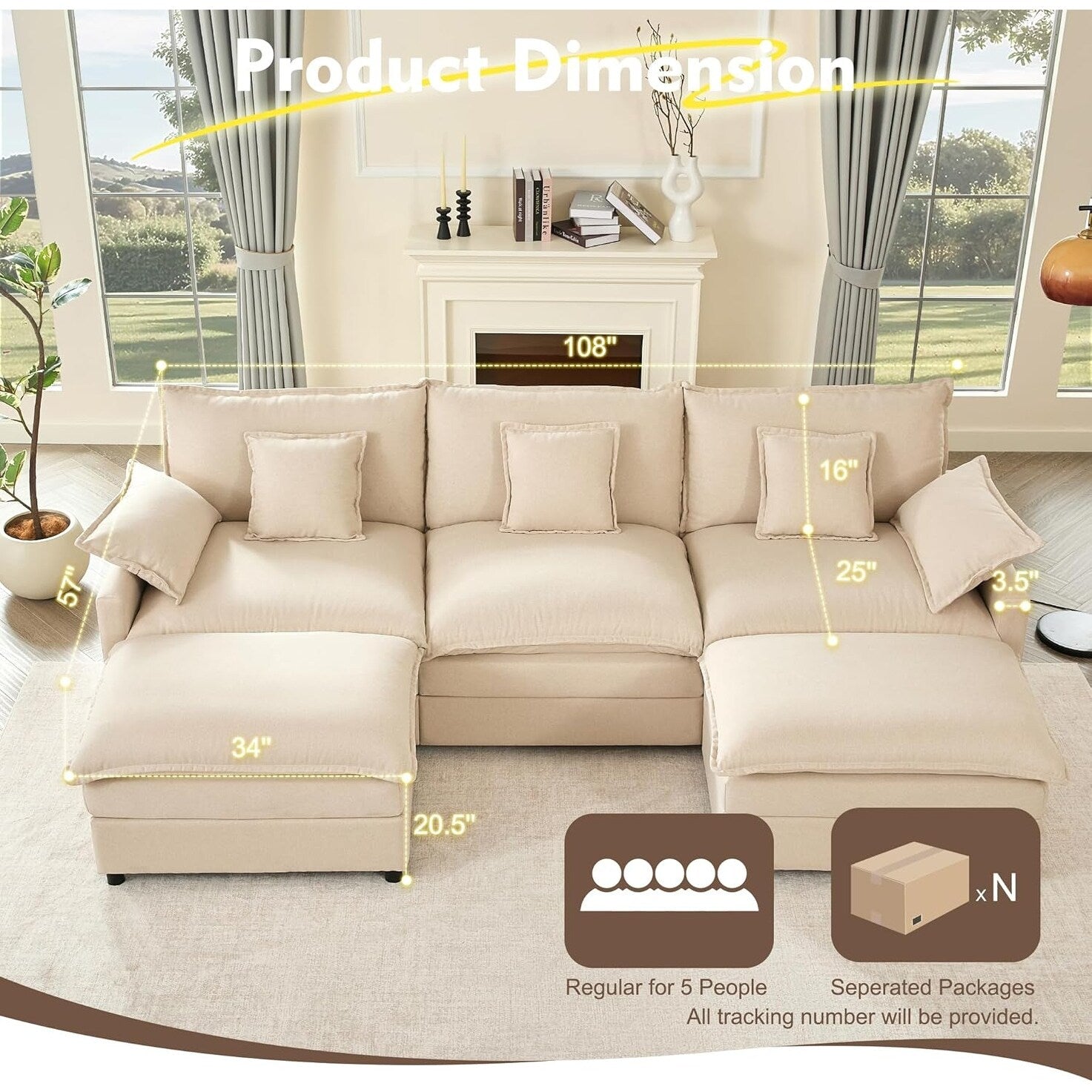 Canapé d'angle modulable en forme de L 108 - Canapé-lit 3 places Cloud avec pouf mobile et assise profonde, tissu lin beige
