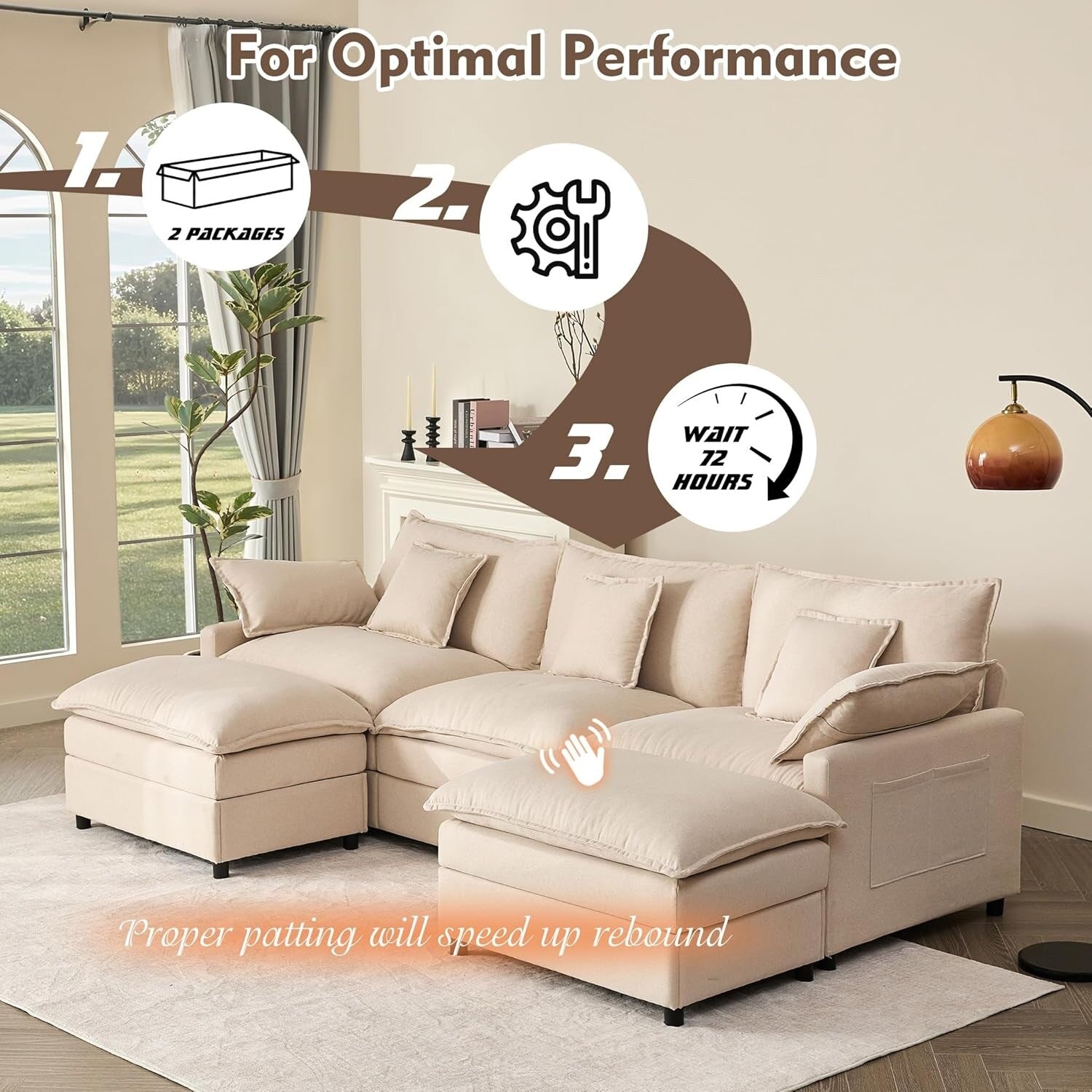 Canapé d'angle modulable en forme de L 108 - Canapé-lit 3 places Cloud avec pouf mobile et assise profonde, tissu lin beige