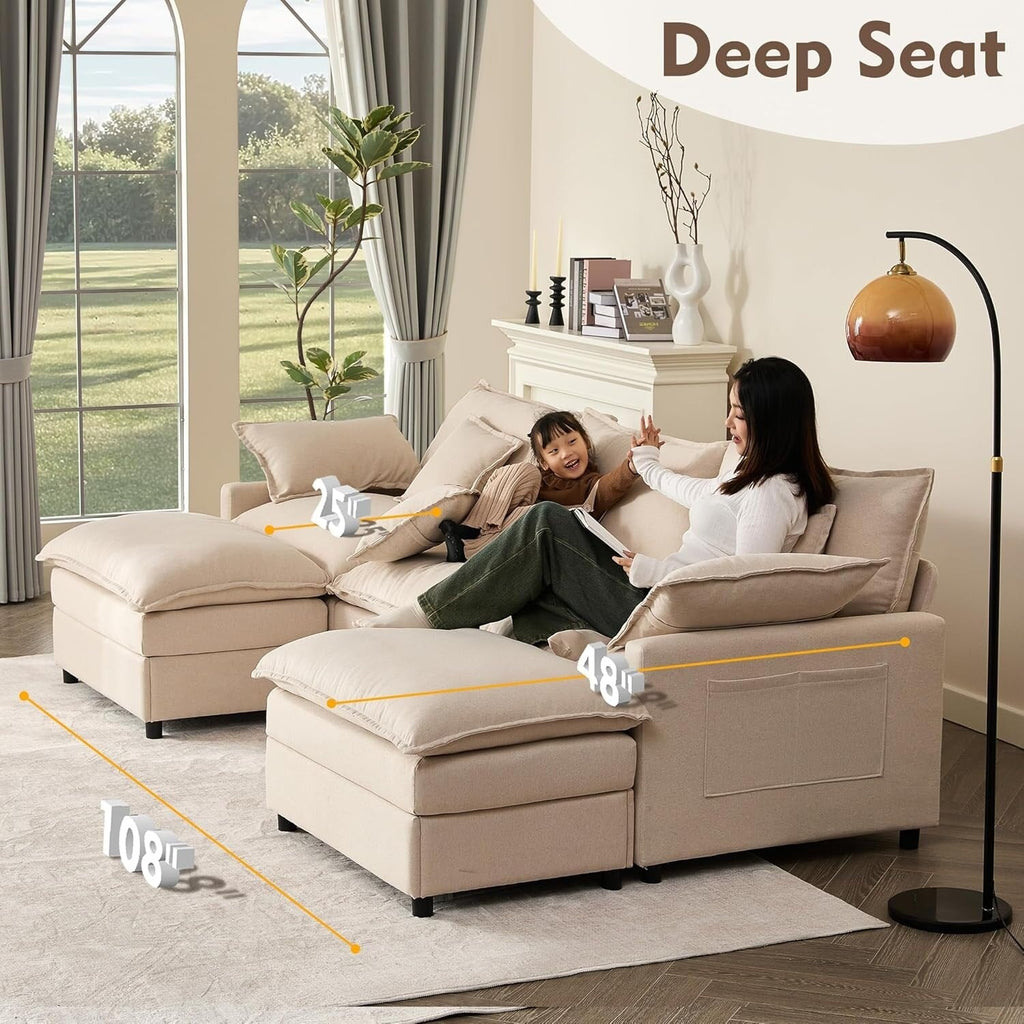 Canapé d'angle modulable en forme de L 108 - Canapé-lit 3 places Cloud avec pouf mobile et assise profonde, tissu lin beige