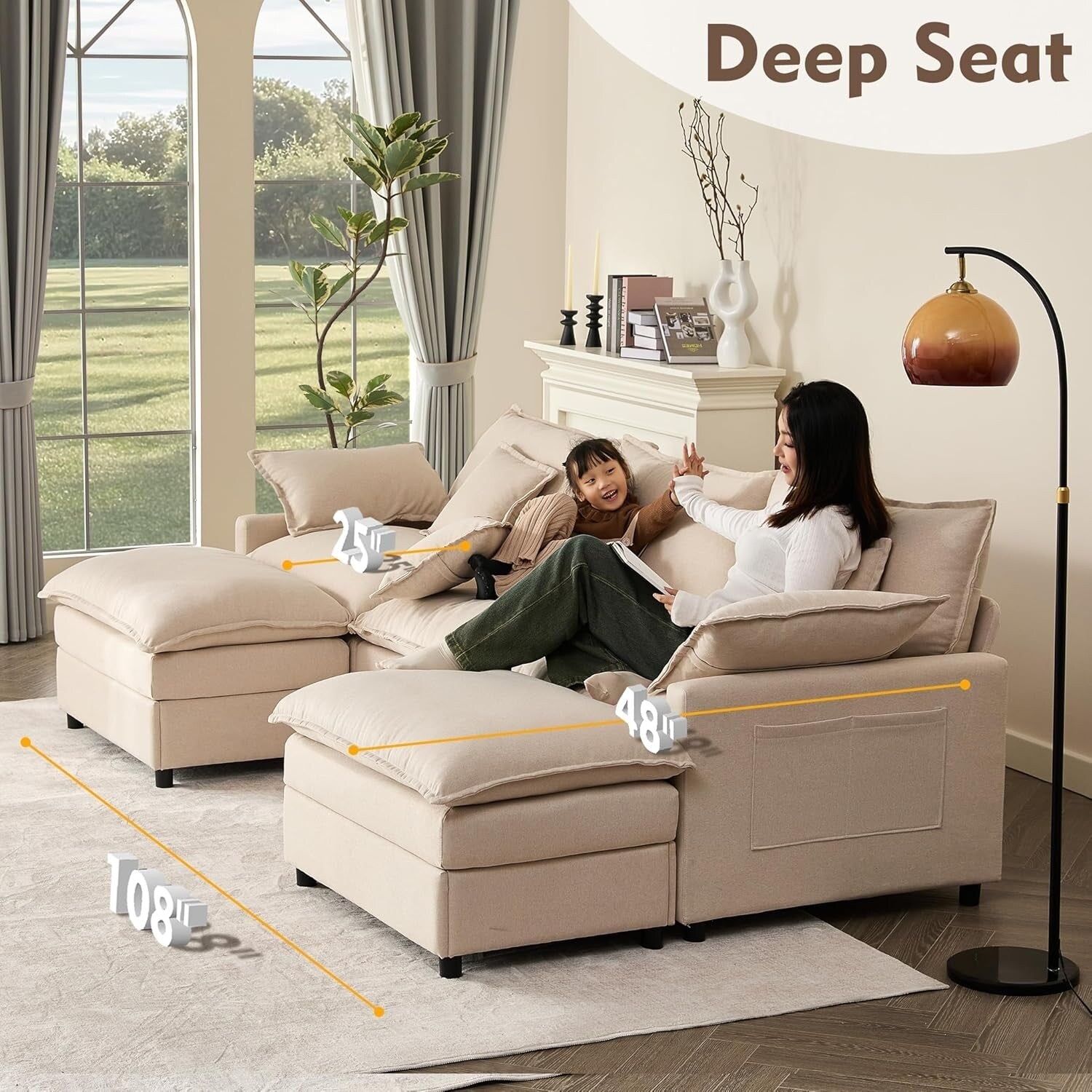 Canapé d'angle modulable en forme de L 108 - Canapé-lit 3 places Cloud avec pouf mobile et assise profonde, tissu lin beige