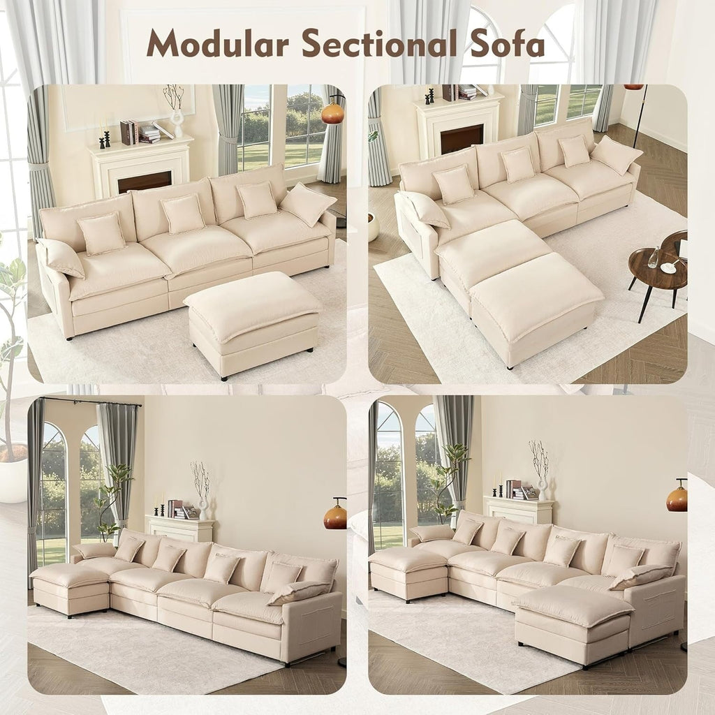 Canapé d'angle modulable en forme de L 108 - Canapé-lit 3 places Cloud avec pouf mobile et assise profonde, tissu lin beige