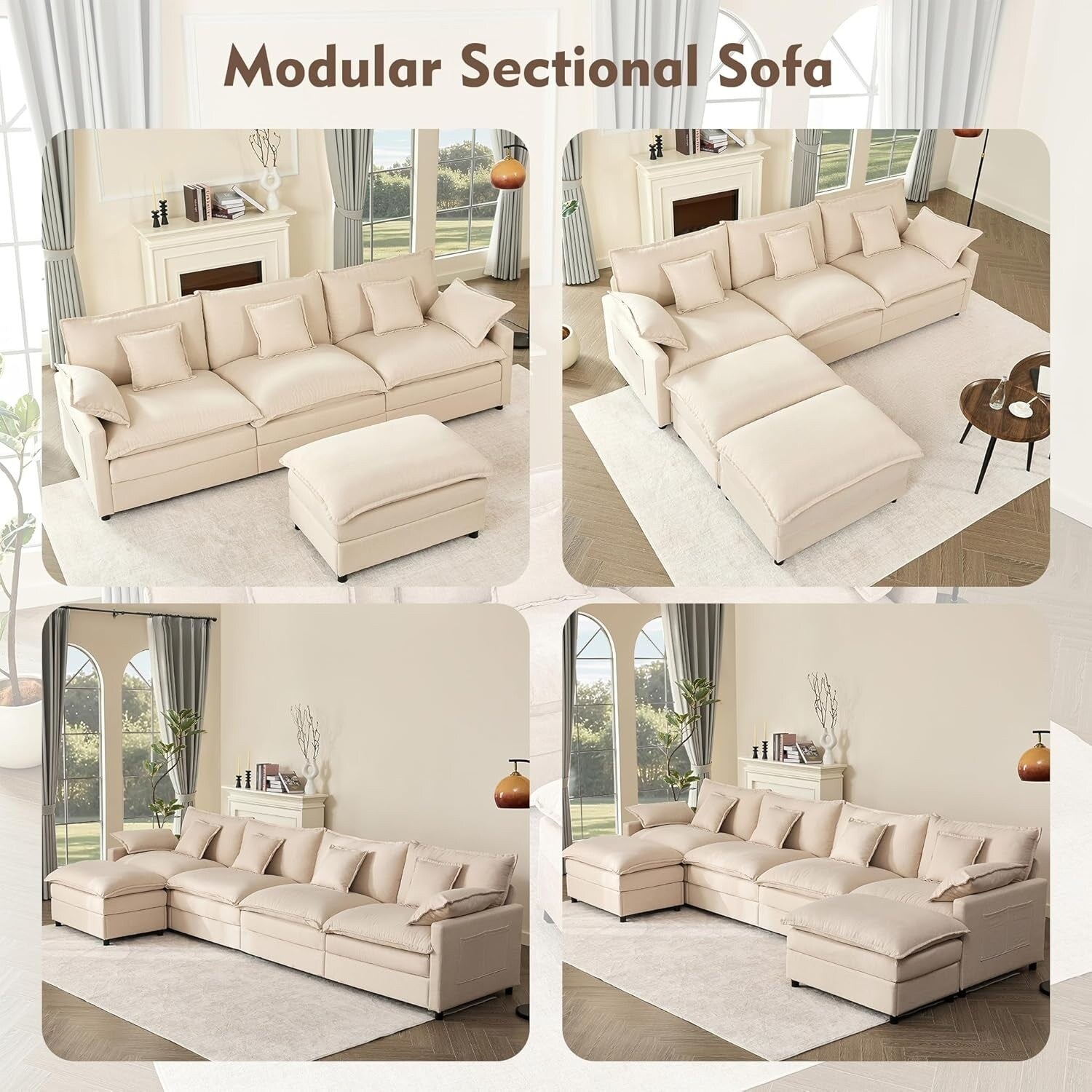 Canapé d'angle modulable en forme de L 108 - Canapé-lit 3 places Cloud avec pouf mobile et assise profonde, tissu lin beige
