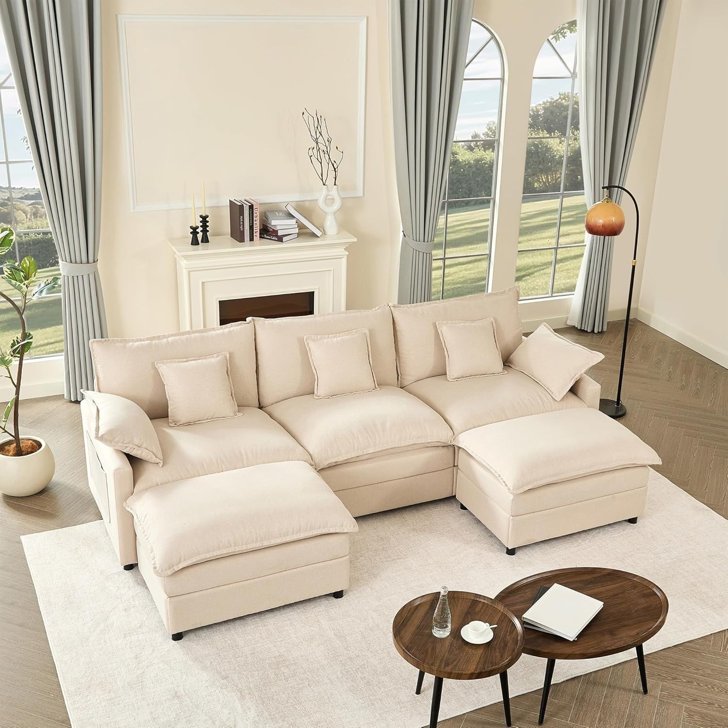 Canapé d'angle modulable en forme de L 108 - Canapé-lit 3 places Cloud avec pouf mobile et assise profonde, tissu lin beige