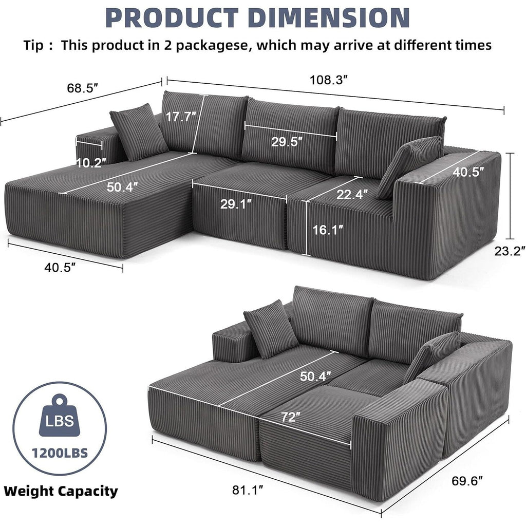 Canapé d'angle modulaire Cloud 108 - Canapé profond en forme de L avec méridienne, canapé de salon et de chambre à coucher recouvert de tissu.