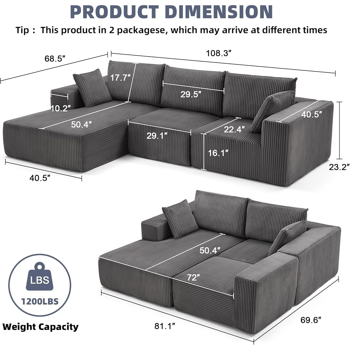 Canapé d'angle modulaire Cloud 108 - Canapé profond en forme de L avec méridienne, canapé de salon et de chambre à coucher recouvert de tissu.