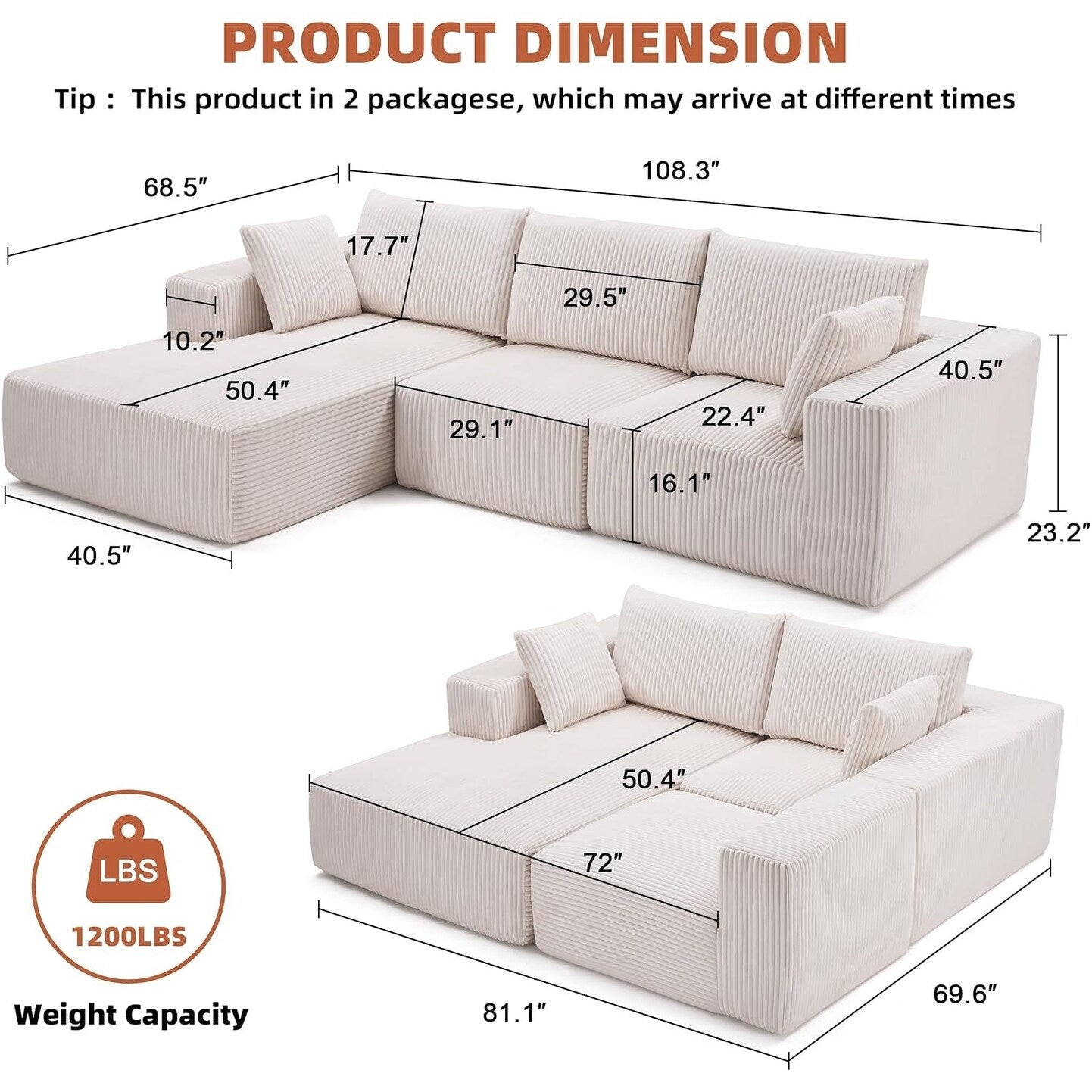 Canapé d'angle modulaire Cloud 108 - Canapé profond en forme de L avec méridienne, canapé de salon et de chambre à coucher recouvert de tissu.