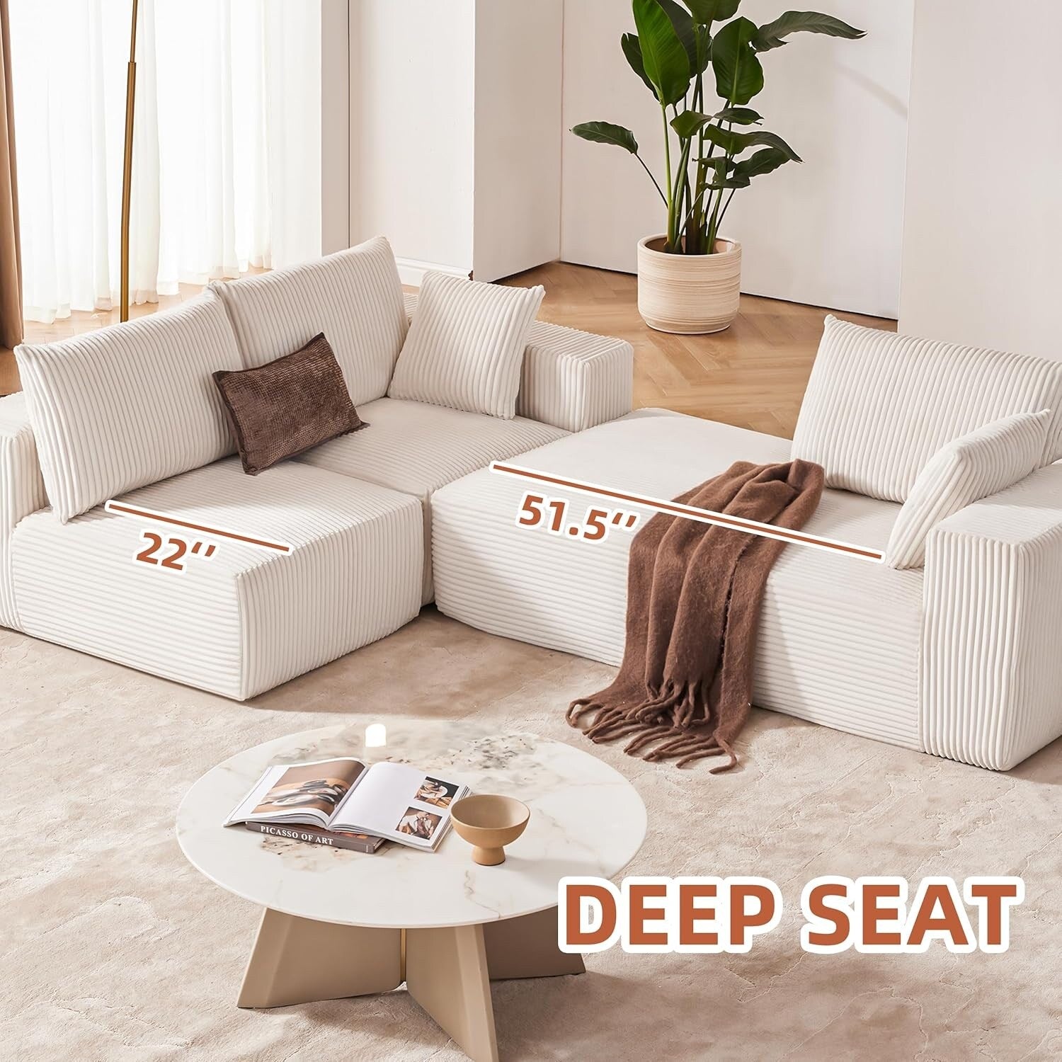 Canapé d'angle modulaire Cloud 108 - Canapé profond en forme de L avec méridienne, canapé de salon et de chambre à coucher recouvert de tissu.