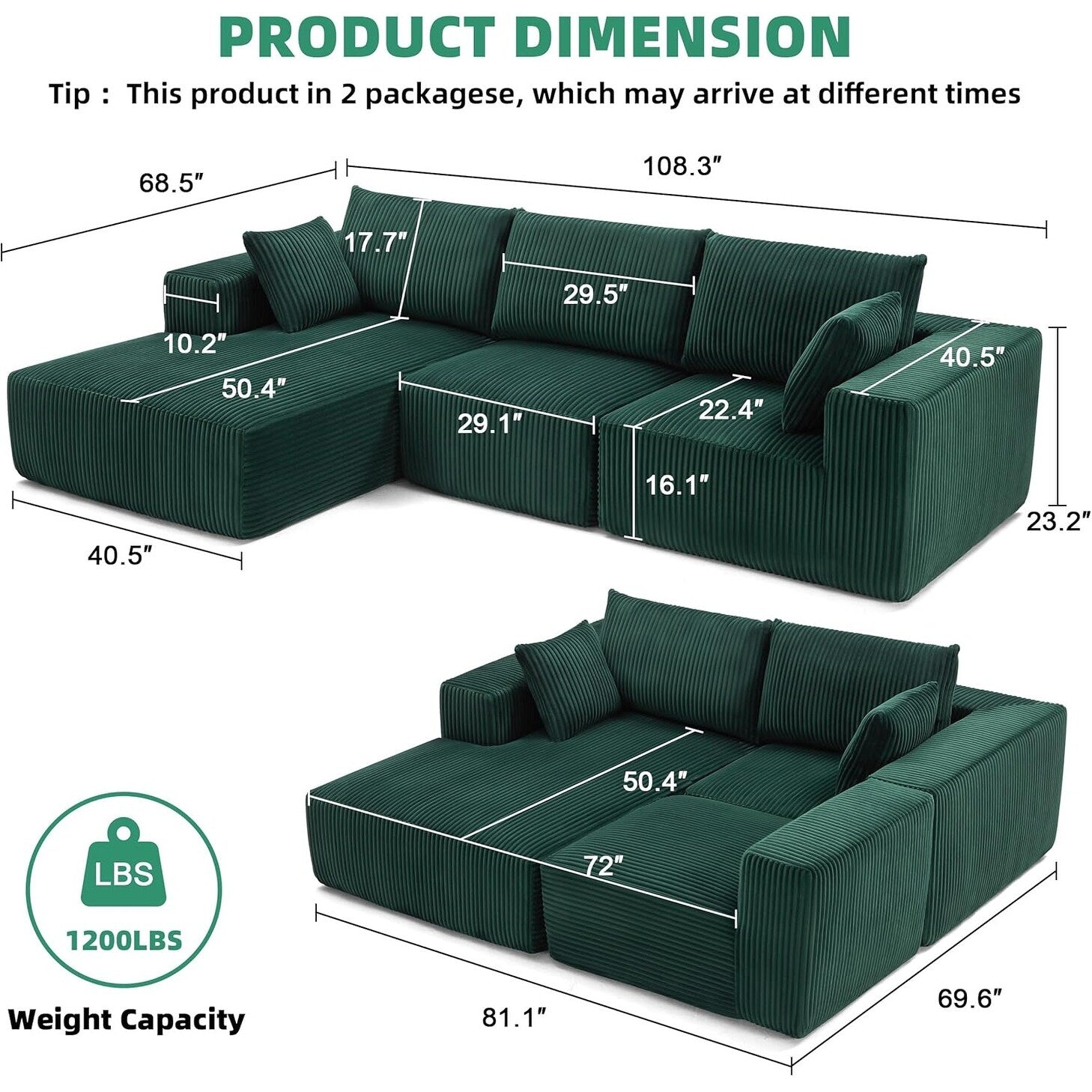 Canapé d'angle modulaire Cloud 108 - Canapé profond en forme de L avec méridienne, canapé de salon et de chambre à coucher recouvert de tissu.